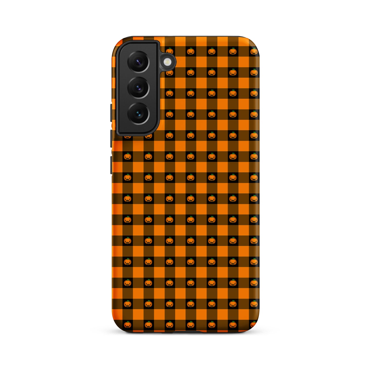 Phone Case for Samsung Galaxy with pumpkin gingham design, Halloween theme, featuring smiling jack-o'-lanterns for a festive look.