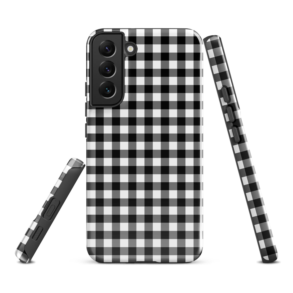 Phone Case for Samsung Galaxy with black and white gingham pattern, combining style and protection, shown from various angles.