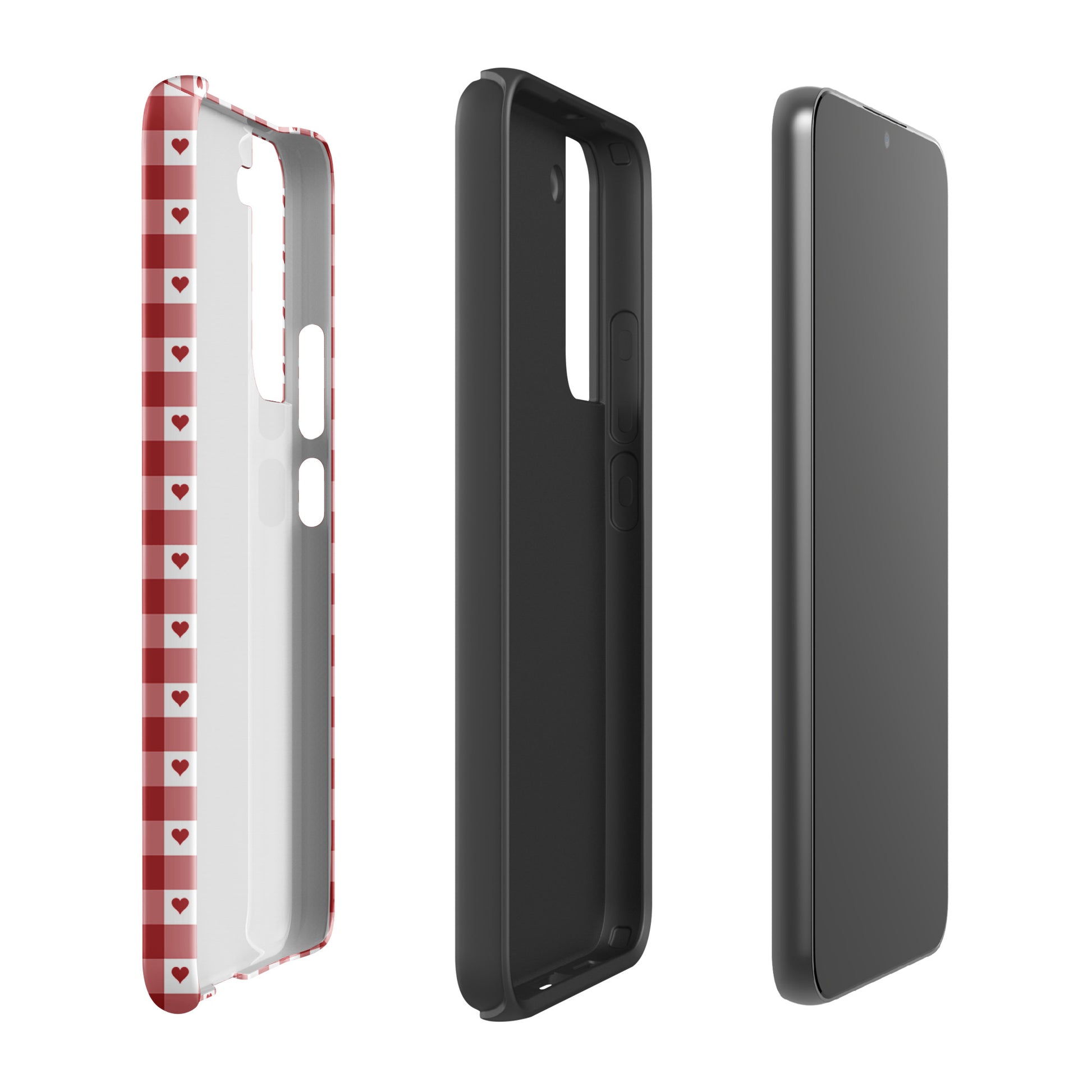 Phone Case for Samsung Galaxy with red gingham heart pattern, stylish and durable design for a chic accessory.