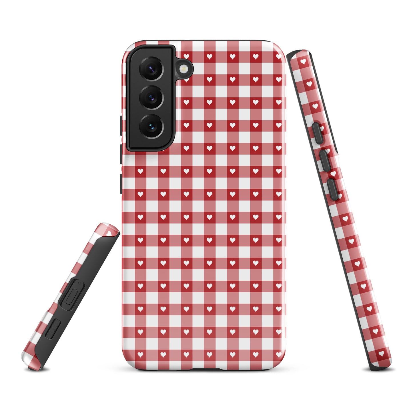 Phone Case for Samsung Galaxy with red and white gingham pattern and white hearts, offering style and protection.