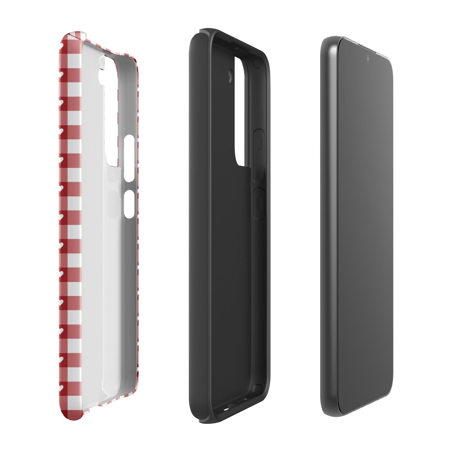 Phone Case for Samsung Galaxy with red and white gingham pattern and white hearts, showcasing style and protection.