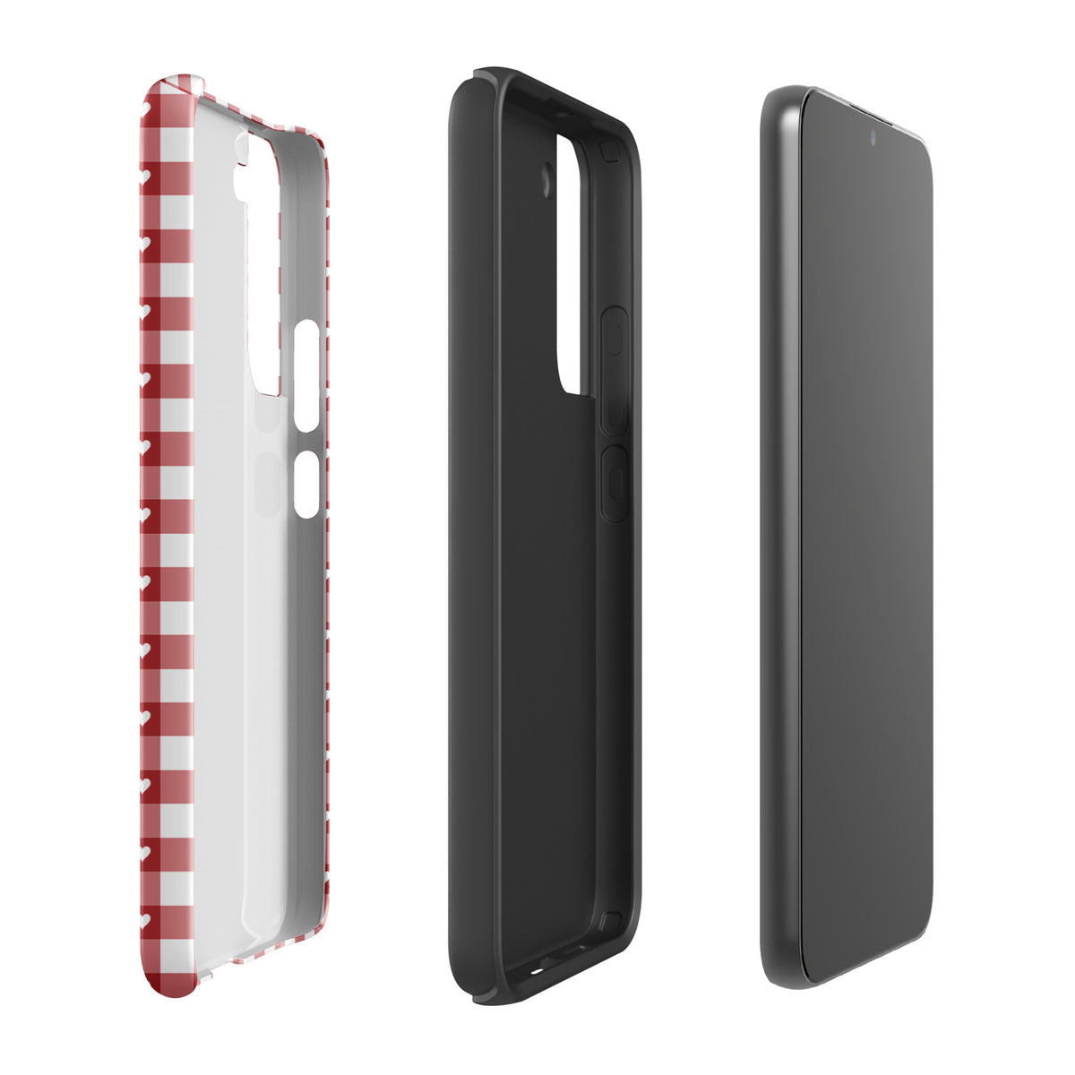 Phone Case for Samsung Galaxy with red and white gingham pattern and white hearts, showcasing style and protection.