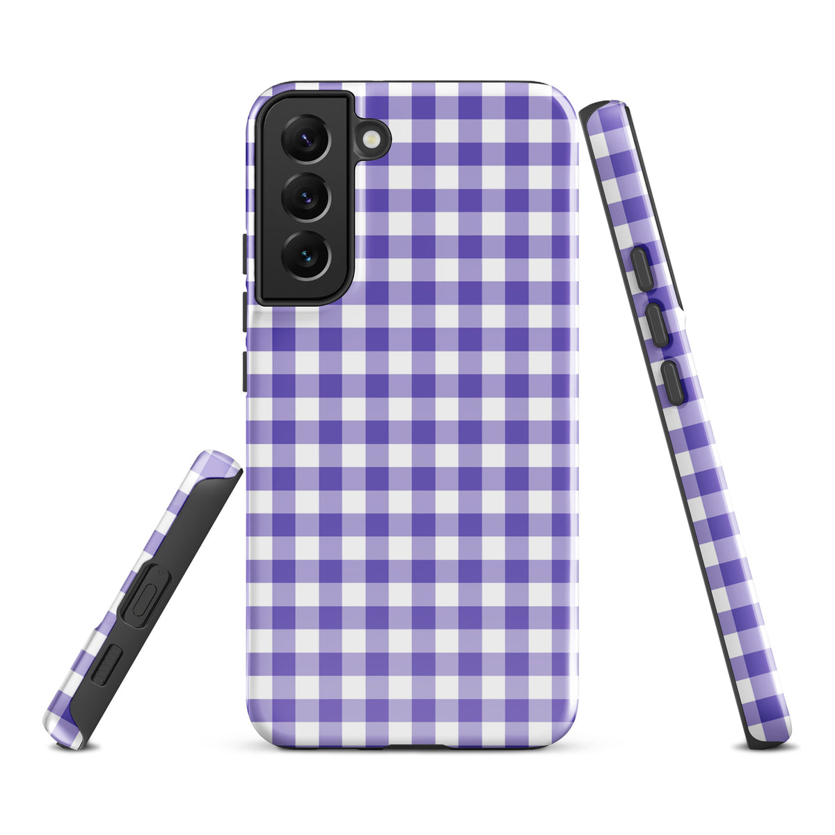 Phone case for Samsung Galaxy with purple and white gingham pattern, offering stylish protection.