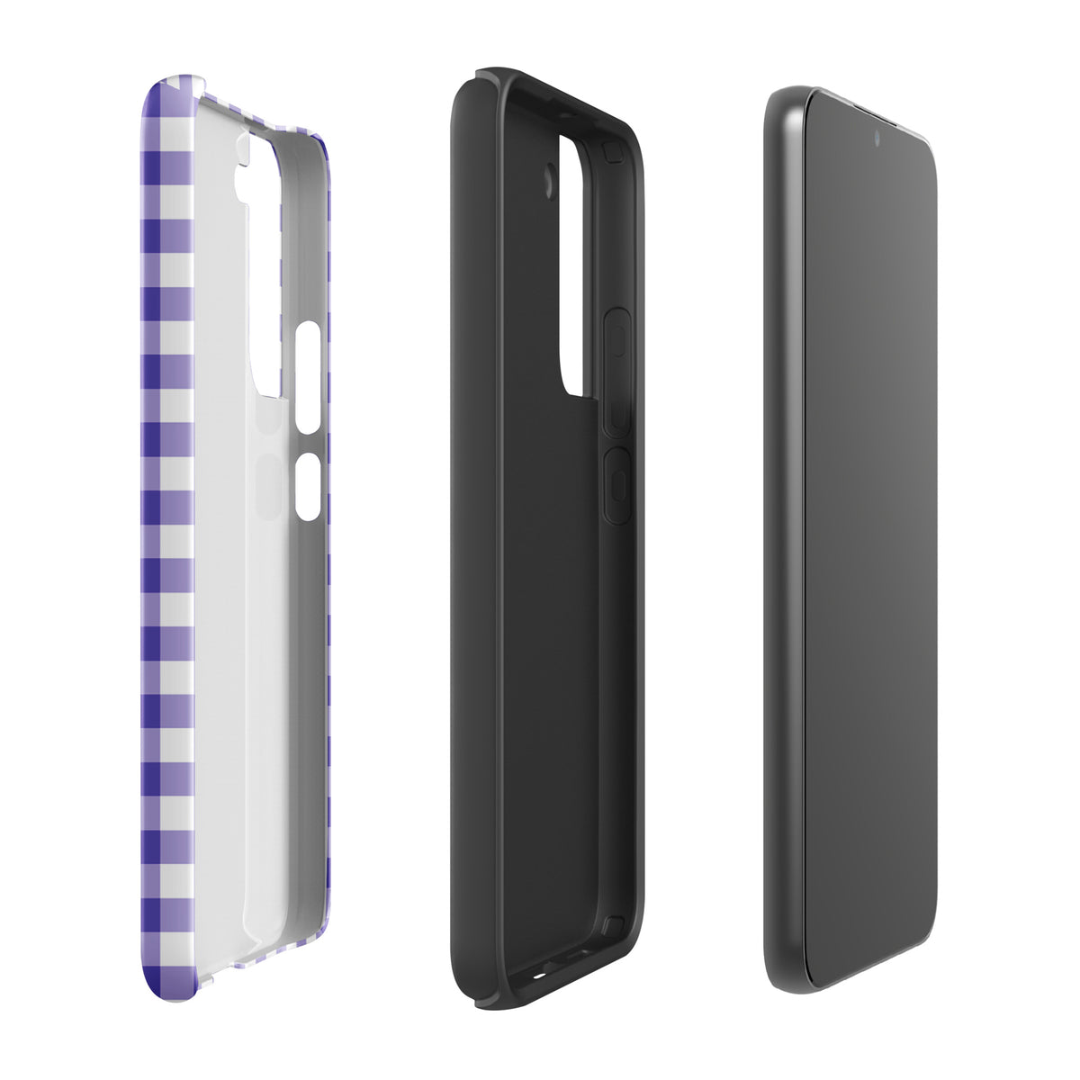 Phone case for Samsung Galaxy with purple and white gingham pattern showcasing style and protection in a modern design.