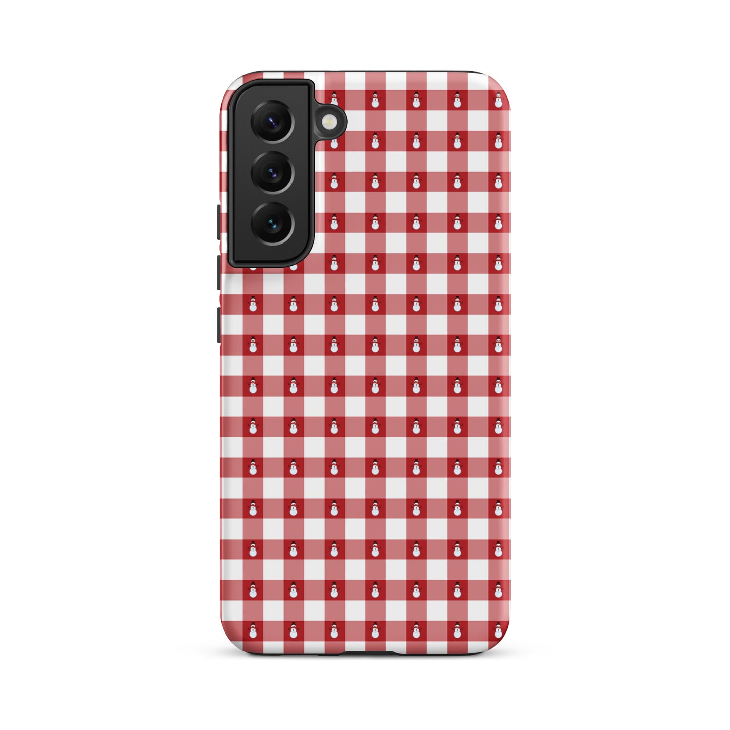 Phone Case for Samsung Galaxy with red and white gingham snowman winter design, festive holiday protection.