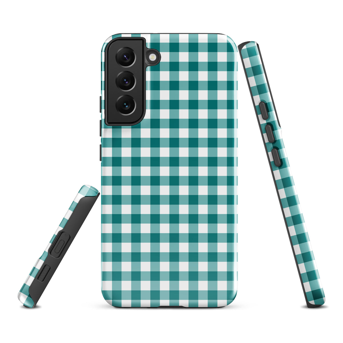 Phone Case for Samsung Galaxy in teal and white gingham pattern, offering style and protection.