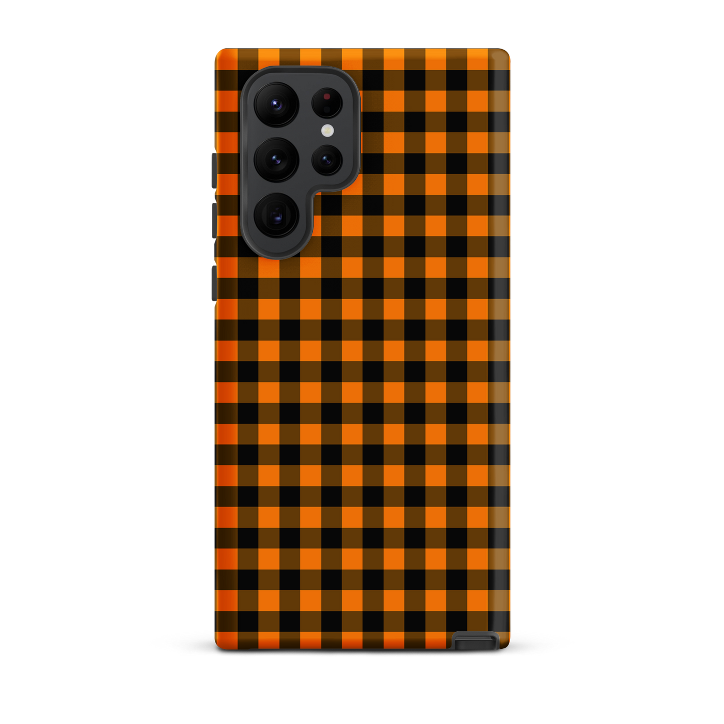 Black-and-orange gingham phone case for Samsung Galaxy with autumn theme.