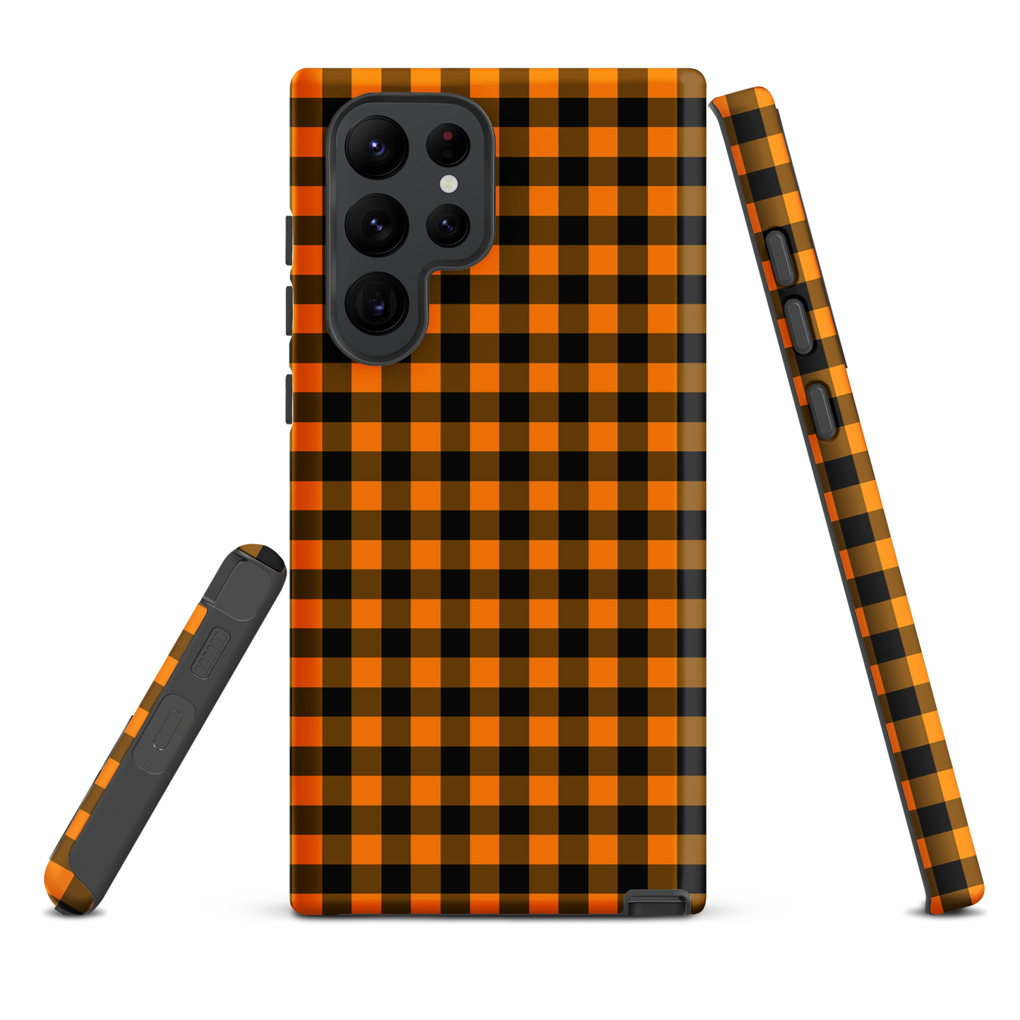 Black-and-orange gingham phone case for Samsung Galaxy highlighting modern autumn theme and stylish design.