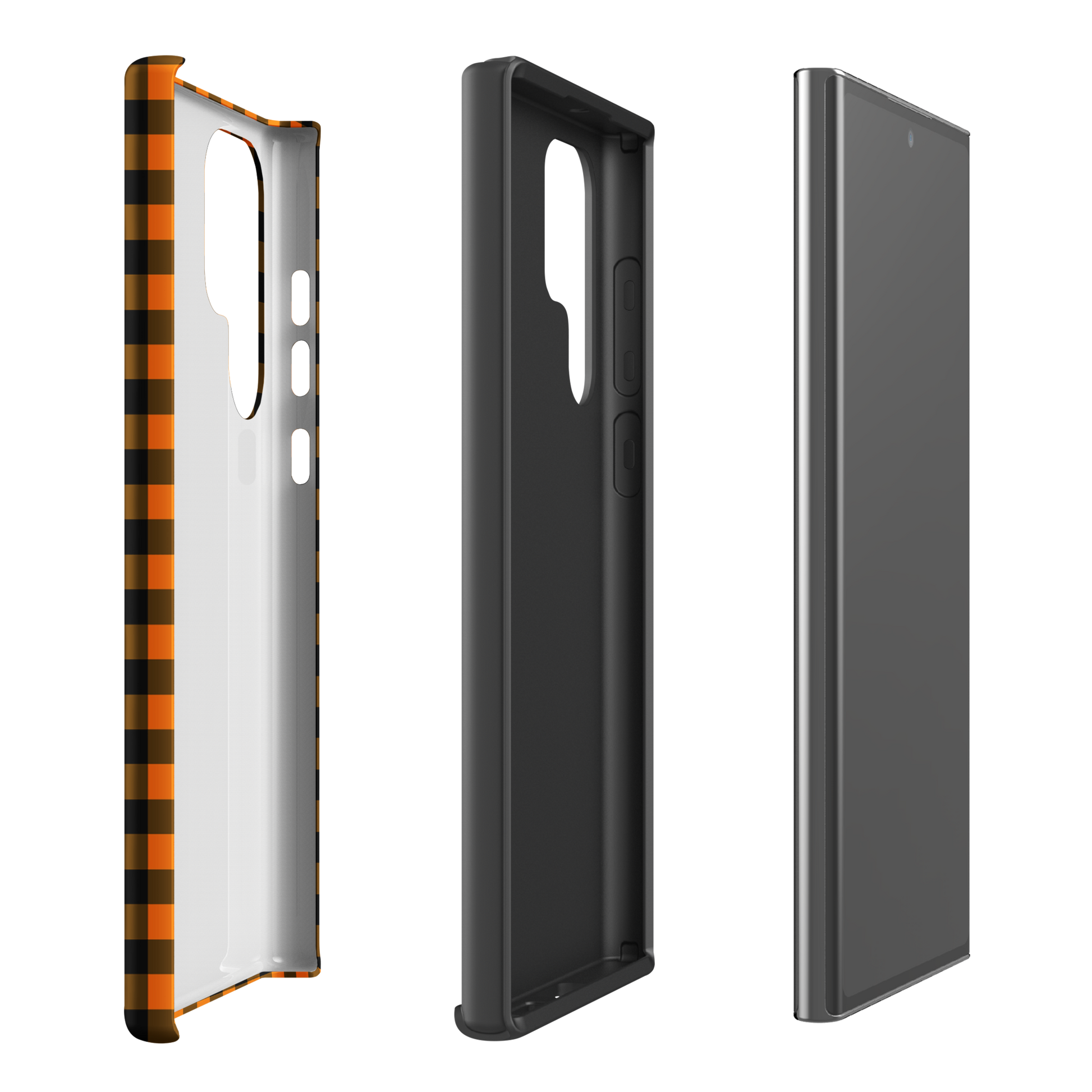 Black-and-orange gingham phone case for Samsung Galaxy with autumn theme displayed from various angles.