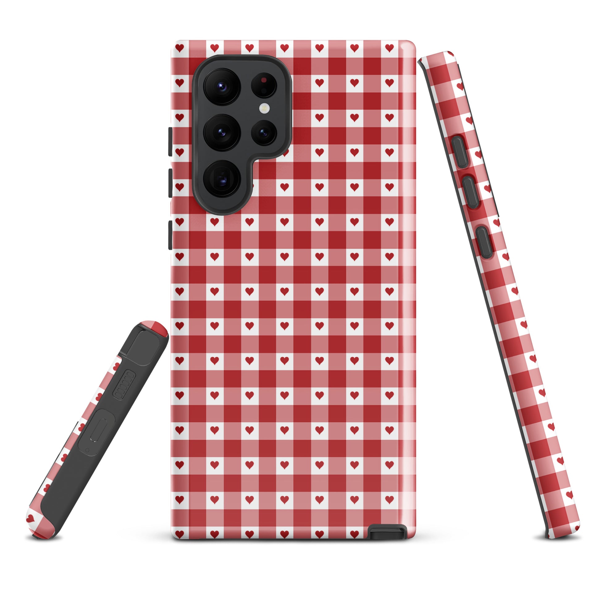 Phone Case for Samsung Galaxy with red and white gingham heart pattern, stylish and durable accessory.