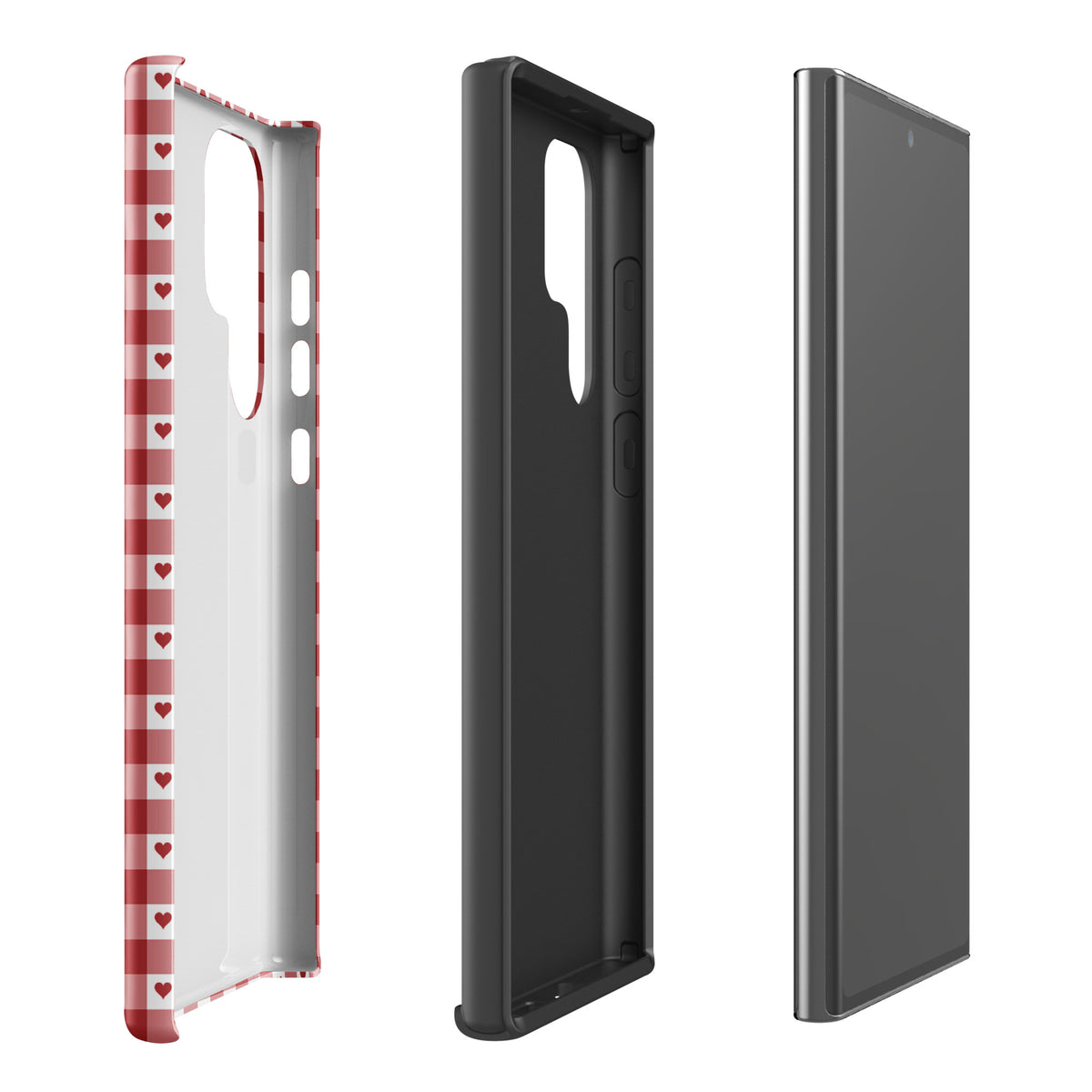 Phone Case for Samsung Galaxy with red gingham heart pattern, luxury style, modern design and durability, emphasizing playful charm.