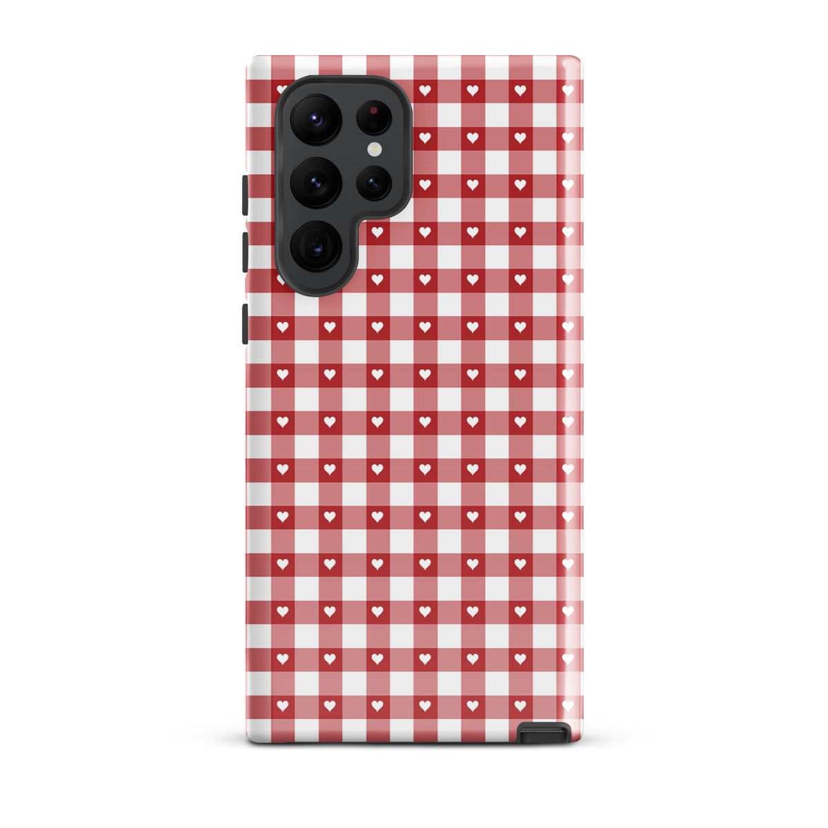 Red and white gingham Phone Case with white hearts for Samsung Galaxy, combining style and protection.