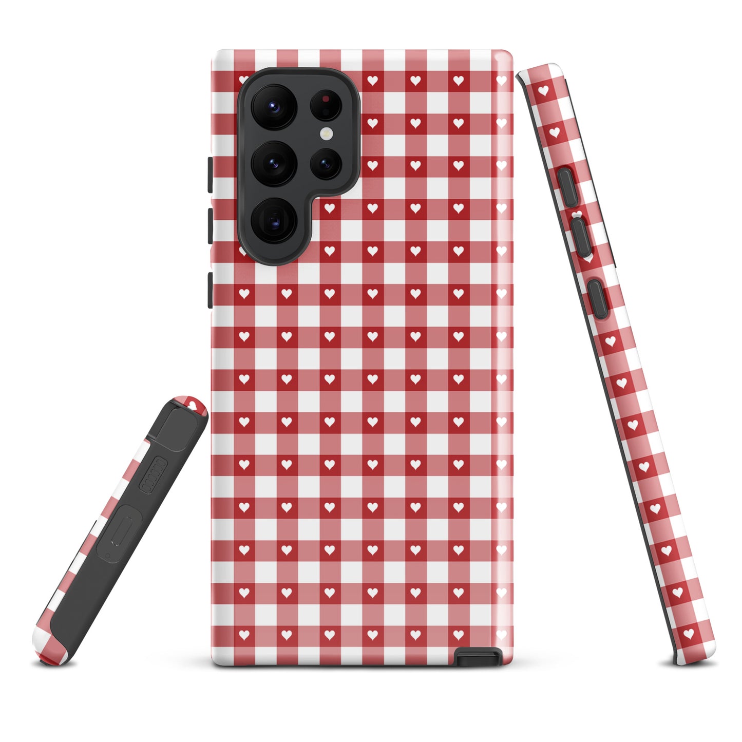 Phone Case for Samsung Galaxy with red and white gingham pattern and hearts, offering style and protection.