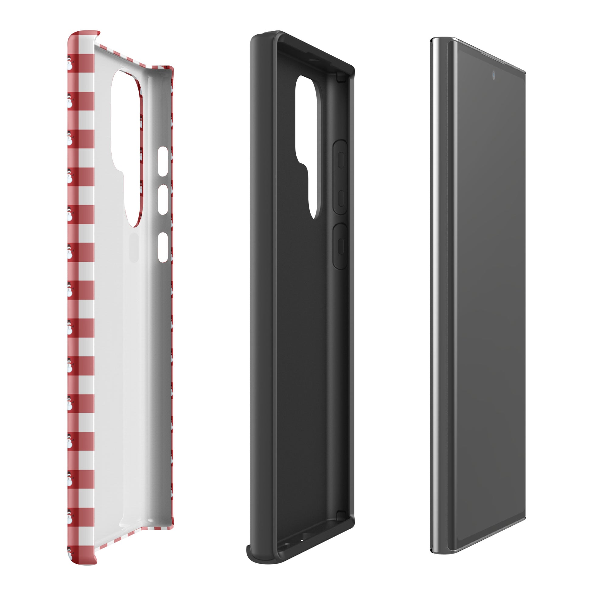 Phone Case for Samsung Galaxy with red gingham snowman design, showcasing festive winter style and protection.