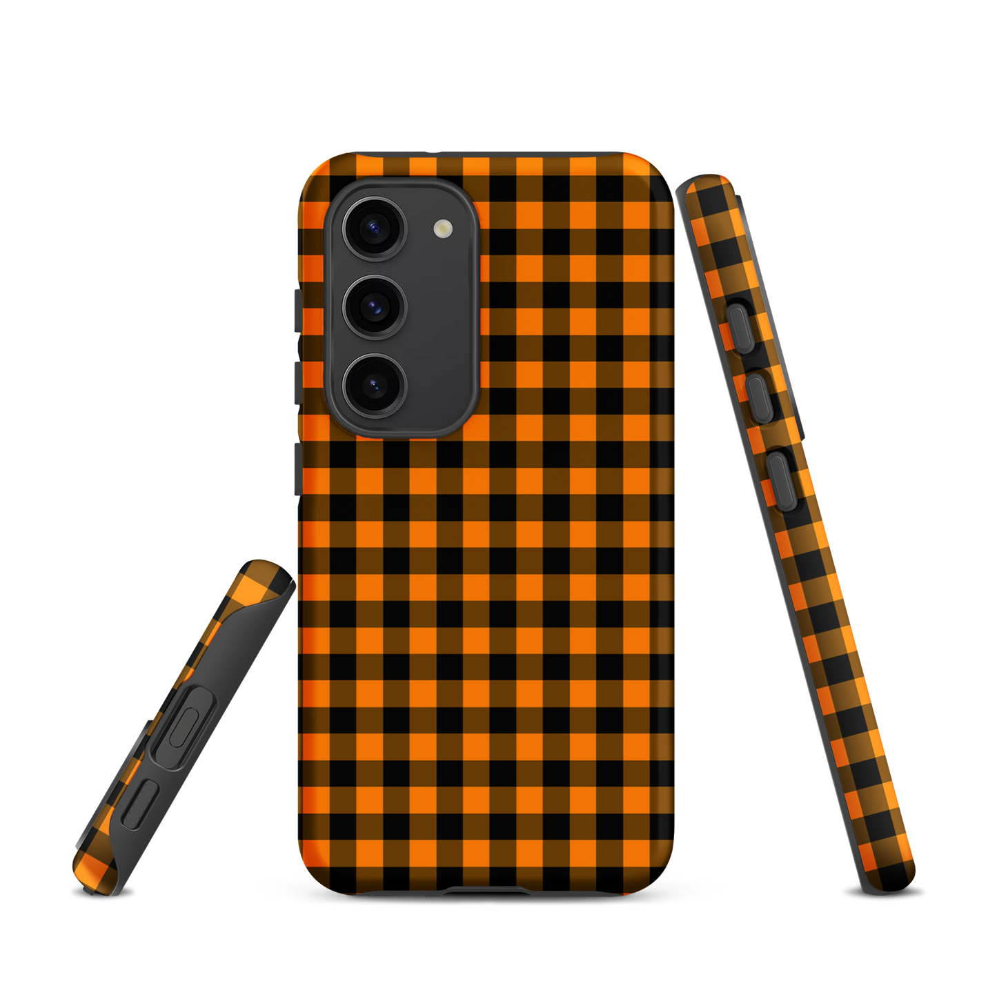 Black-and-orange gingham autumn theme phone case for Samsung Galaxy.