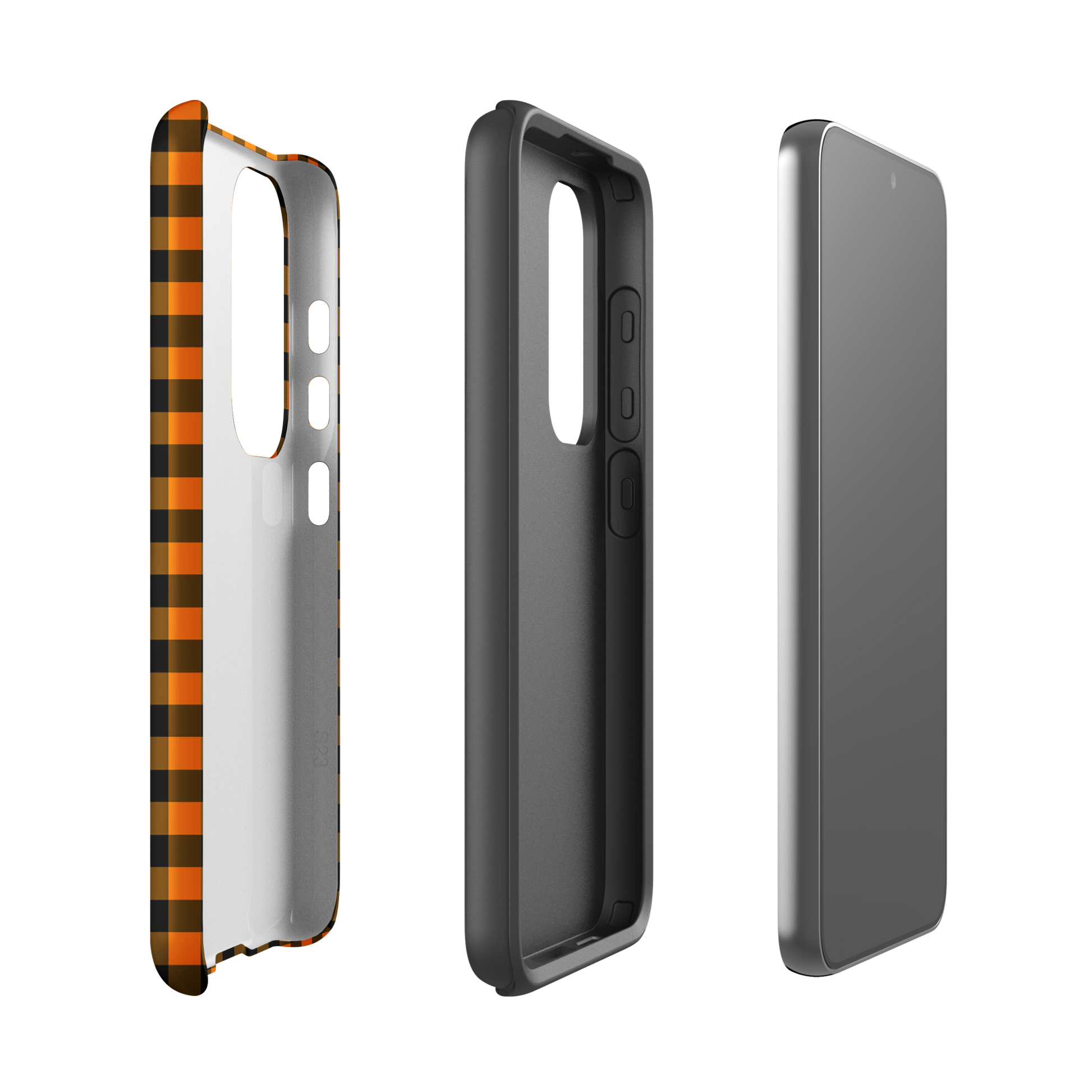 Phone case for Samsung Galaxy in black-and-orange gingham, showcasing Autumn theme design with durable, stylish craftsmanship.