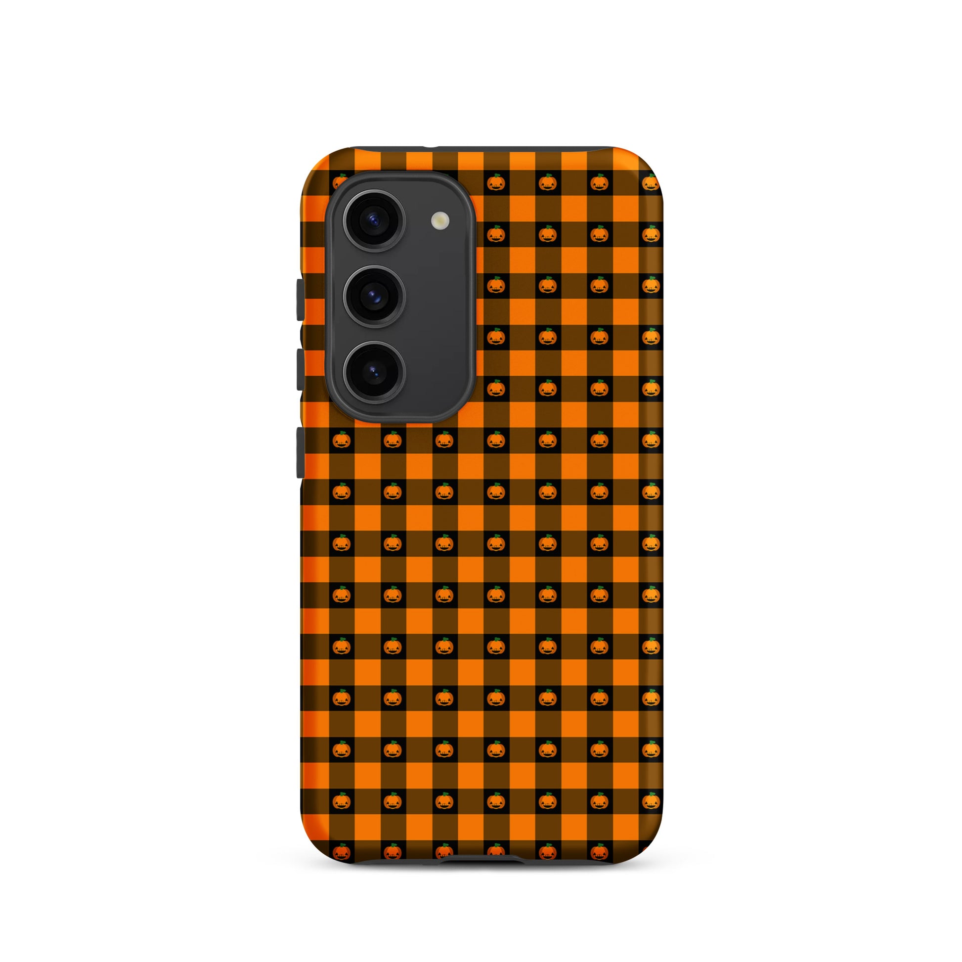 Phone Case for Samsung Galaxy with playful pumpkin gingham Halloween design, featuring smiling jack‑o’-lanterns on a checkered background.