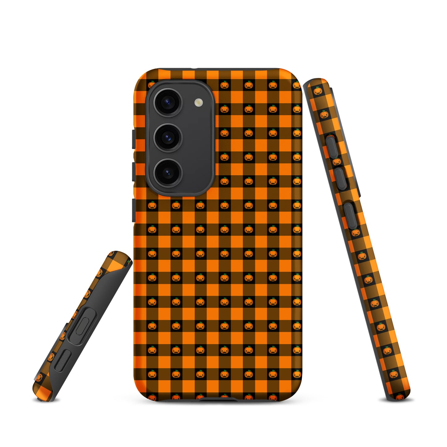Halloween-themed Phone Case for Samsung Galaxy with playful pumpkin gingham design in black and orange checks.