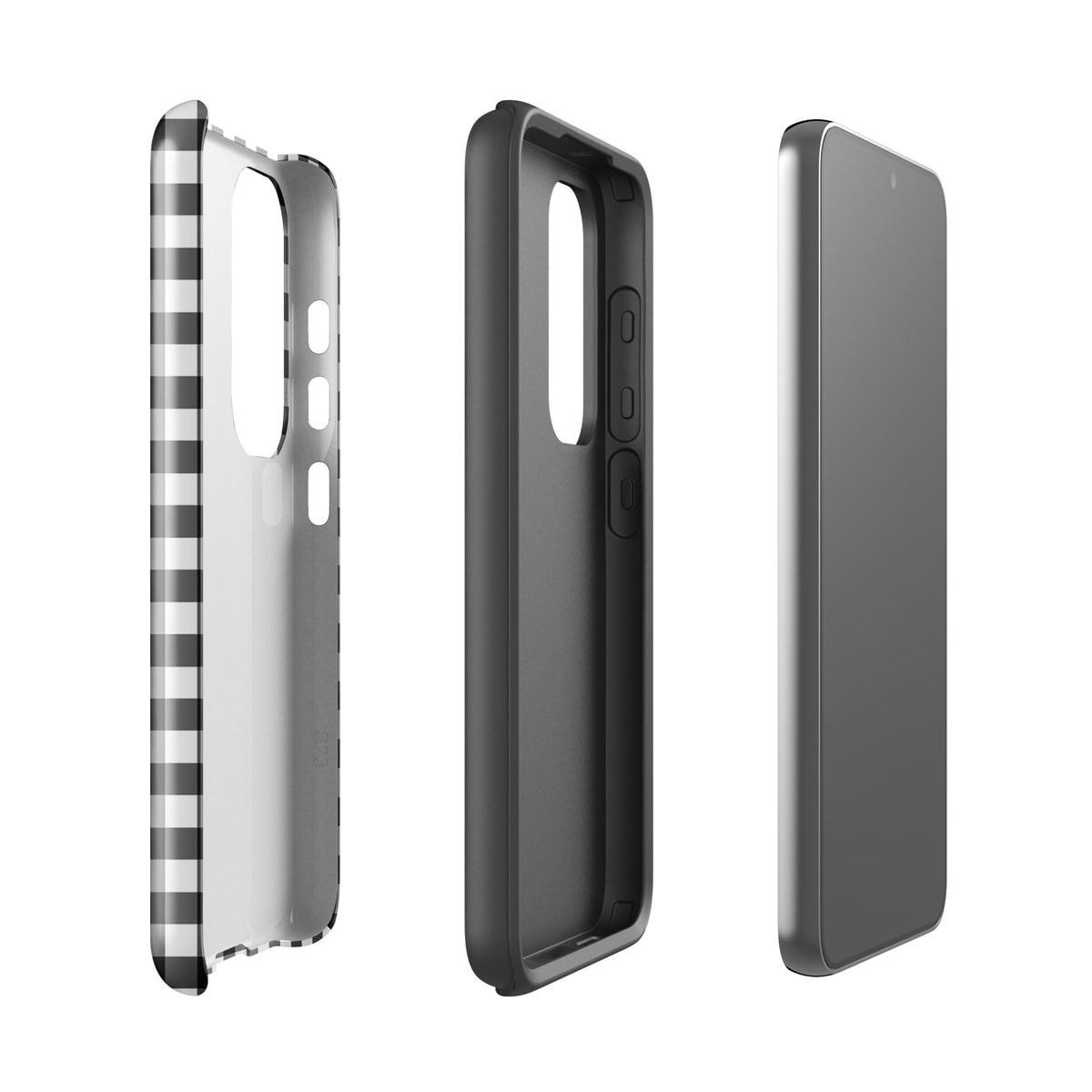 Black and white gingham Phone Case for Samsung Galaxy showing style and durable design in three parts.