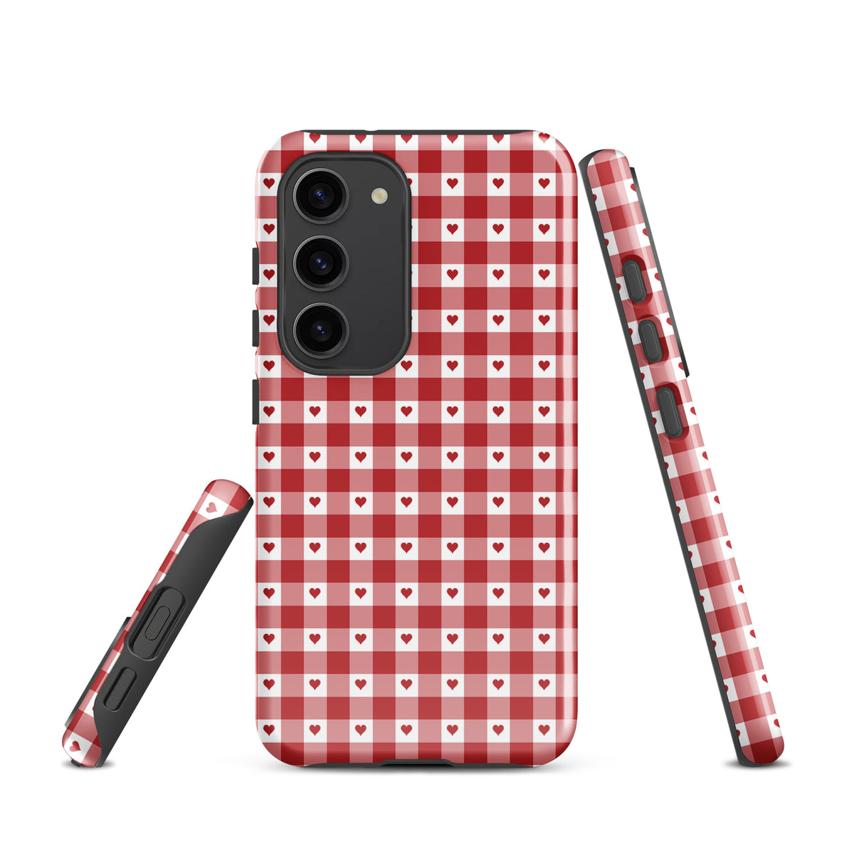 Phone Case for Samsung Galaxy with red gingham heart pattern, showcasing stylish design and durable luxury.