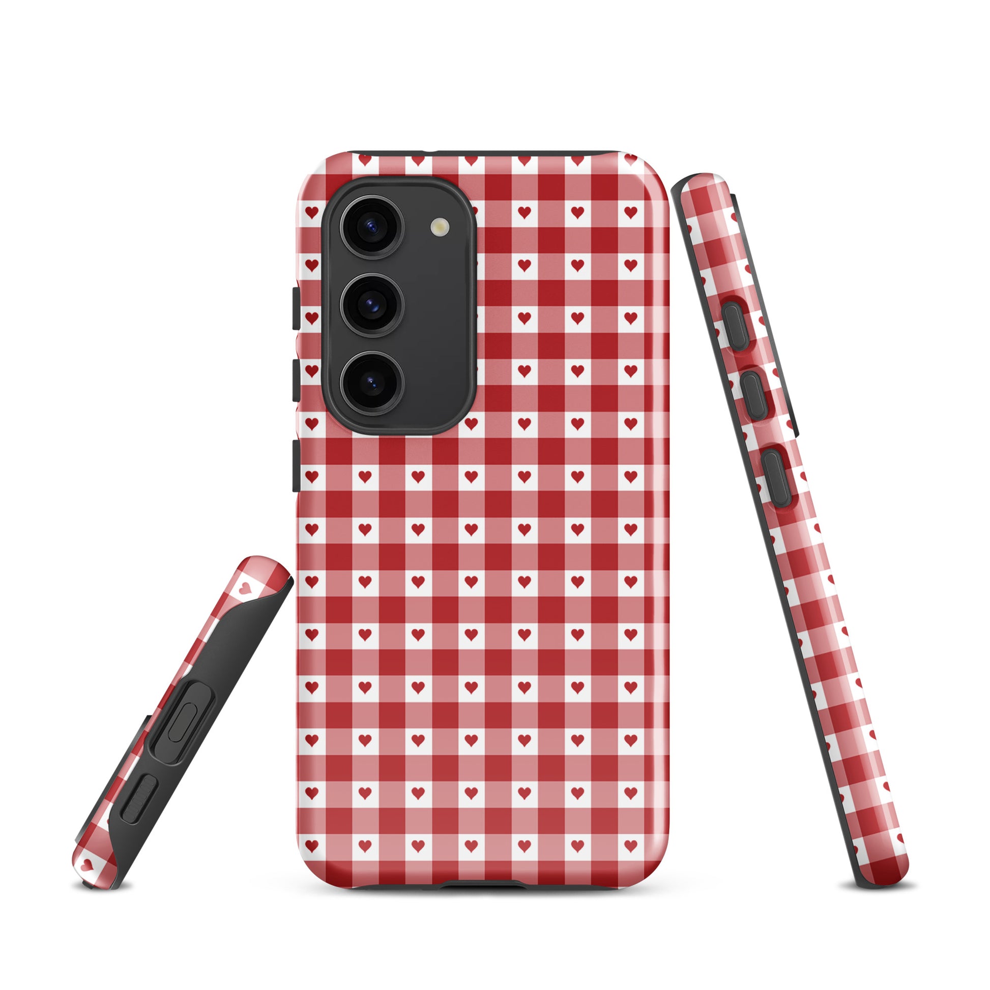Phone Case for Samsung Galaxy with red gingham heart pattern, showcasing stylish design and durable luxury.