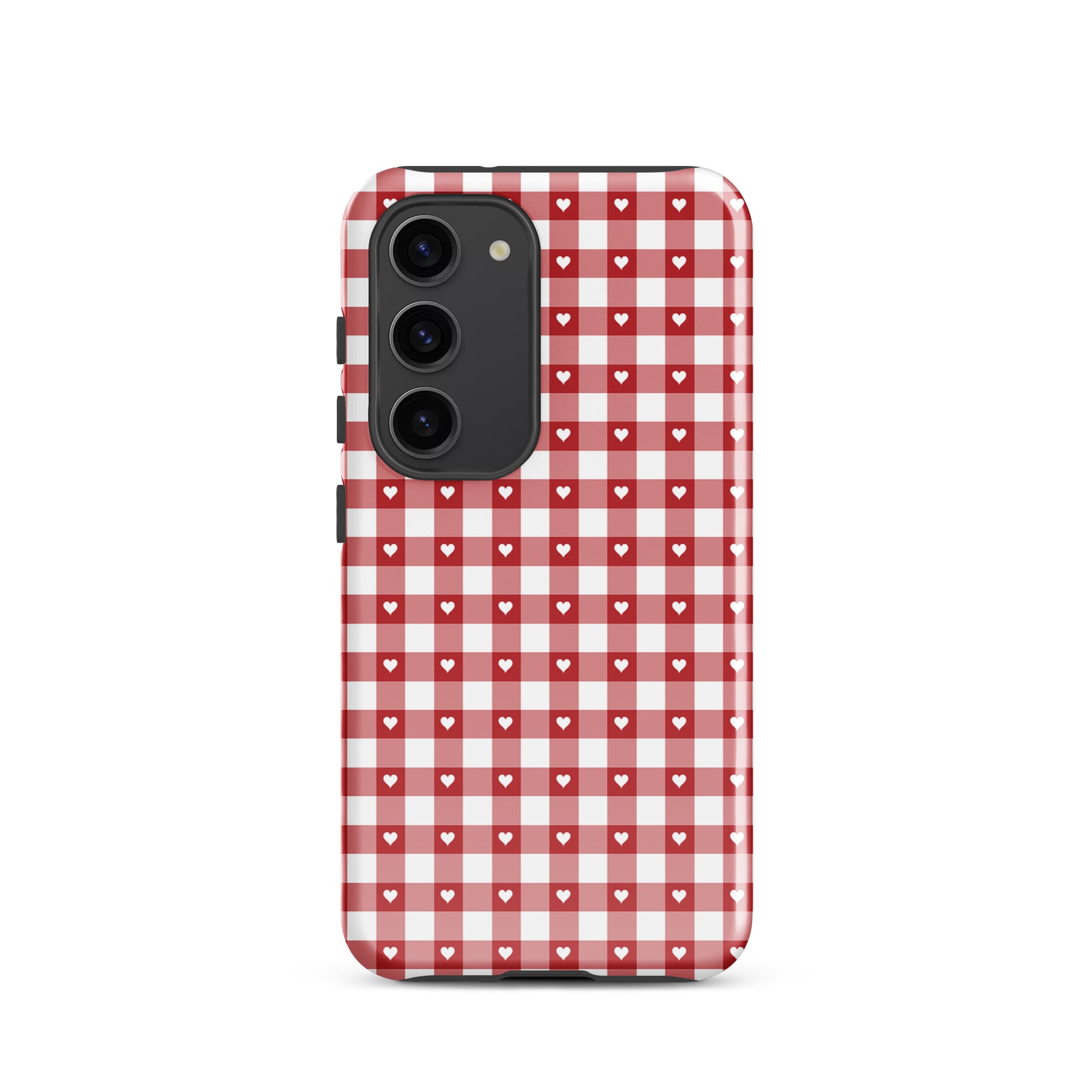 Phone Case for Samsung Galaxy with red and white gingham pattern and white hearts, combining style and protection.