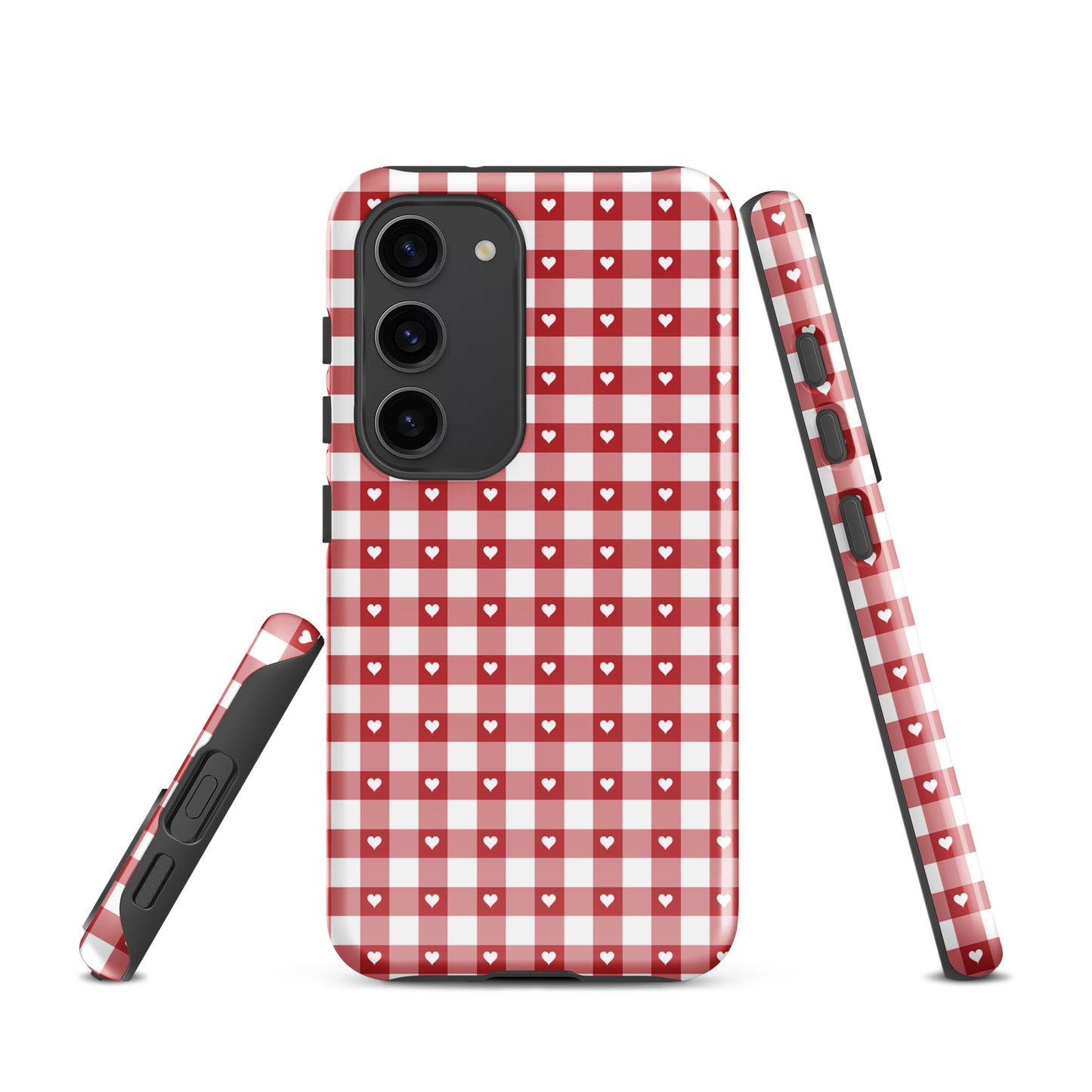 Phone Case for Samsung Galaxy with red and white gingham pattern and white hearts, stylish and durable design.