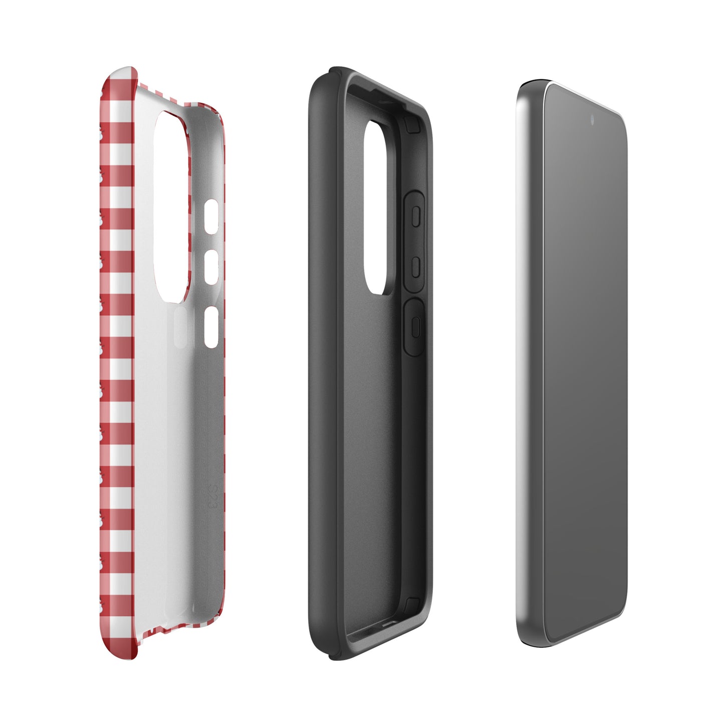 Phone Case for Samsung Galaxy with snowman gingham winter design, showcasing front, back, and side views for festive protection.