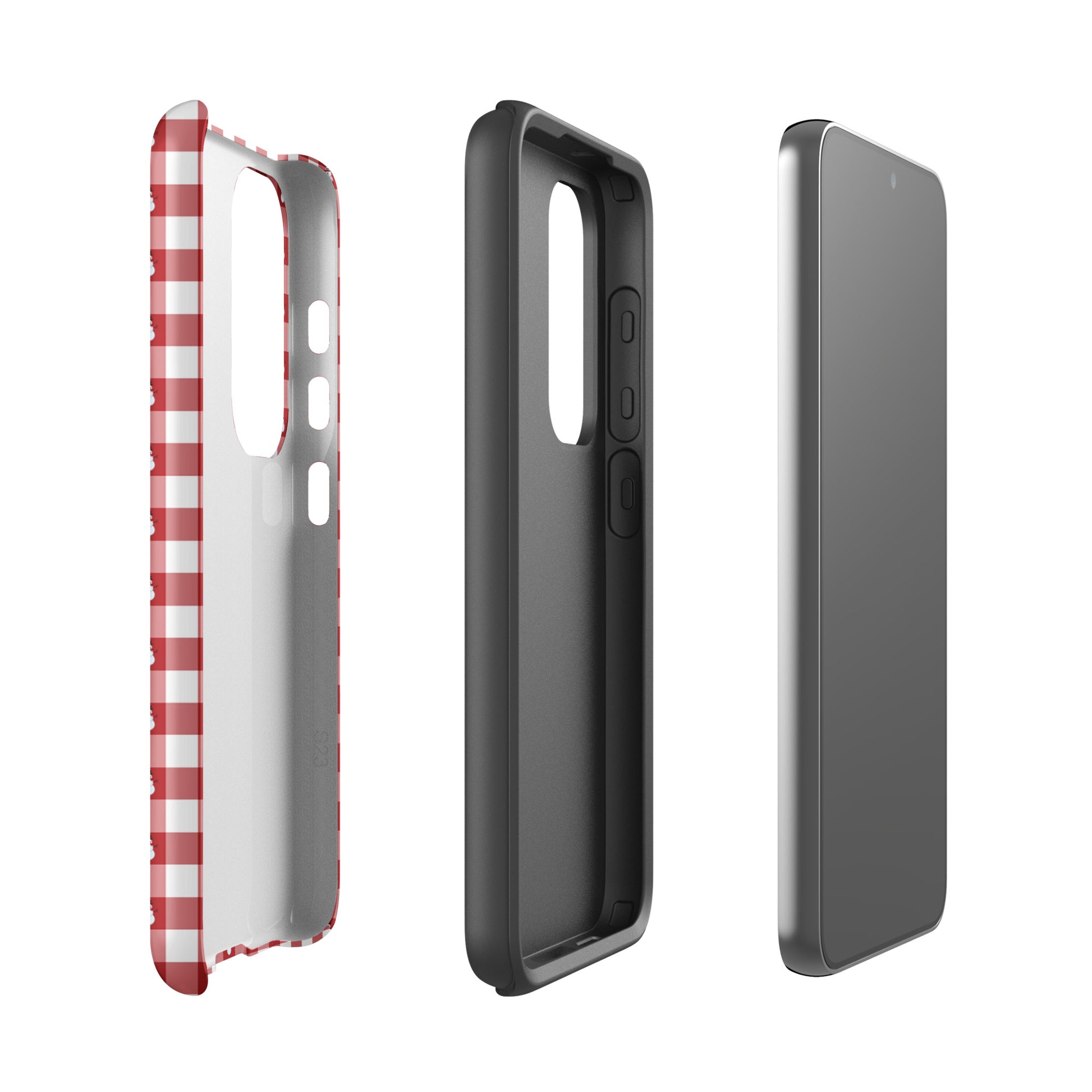 Phone Case for Samsung Galaxy with snowman gingham winter design, showcasing front, back, and side views for festive protection.