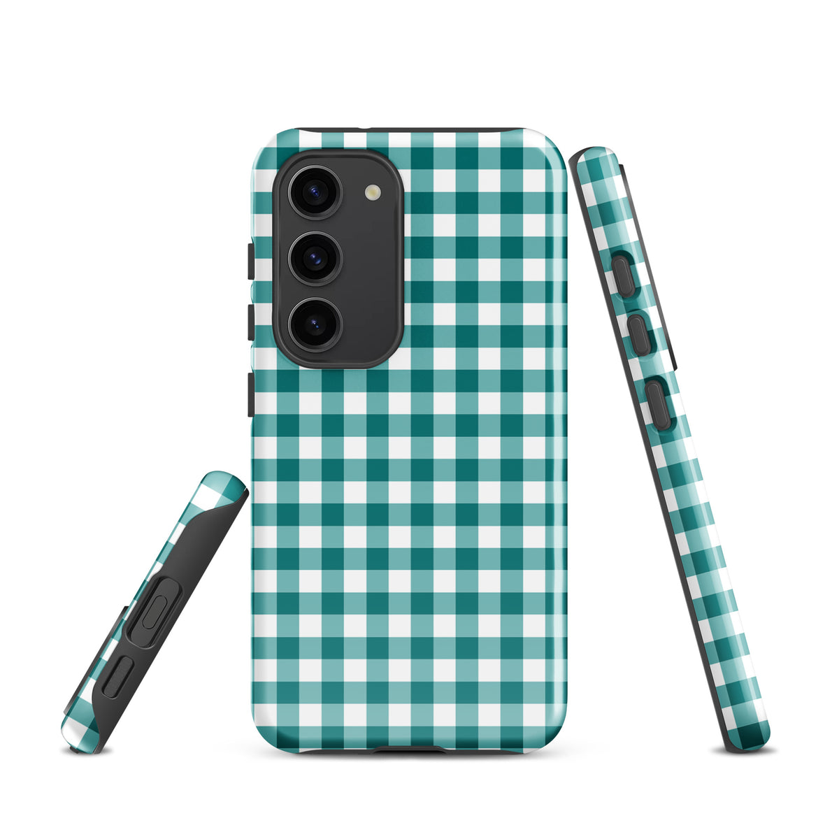 Phone Case for Samsung Galaxy with teal and white gingham pattern, offering style and protection, front and side views.