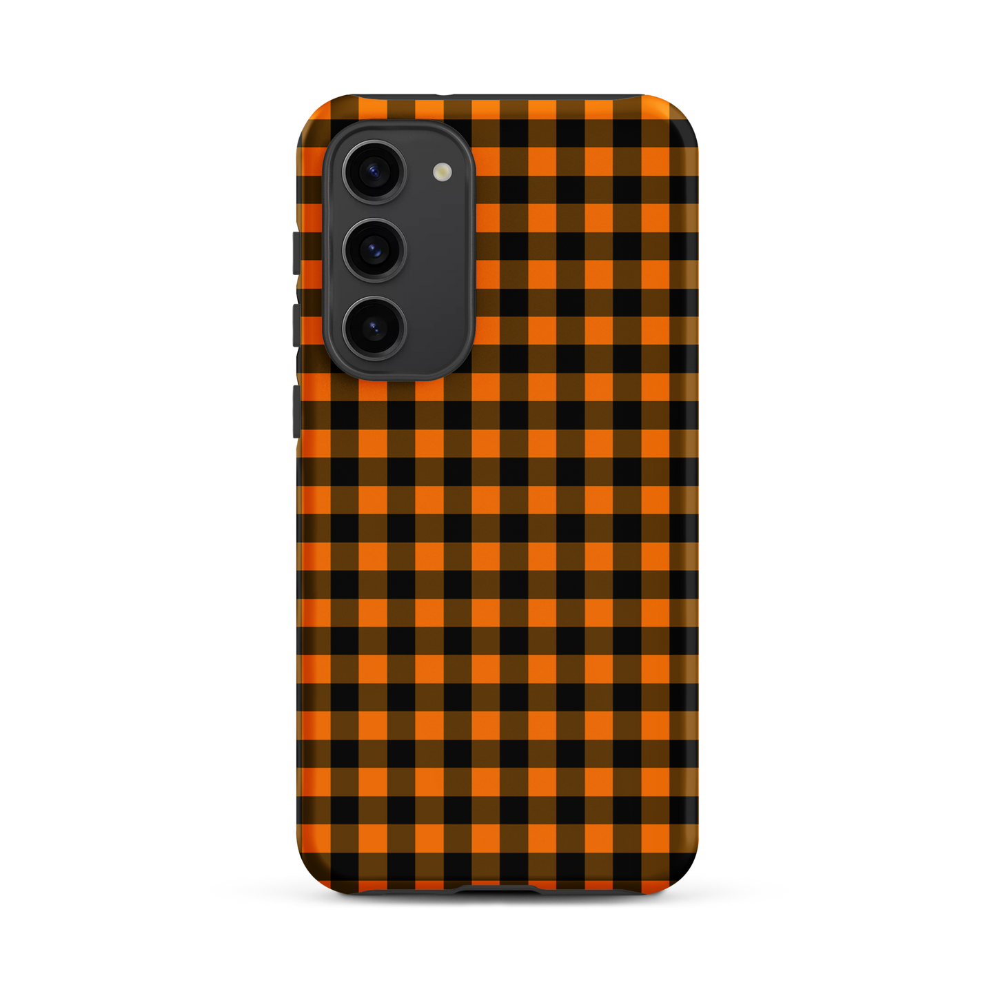 Black-and-orange gingham phone case for Samsung Galaxy with autumn theme