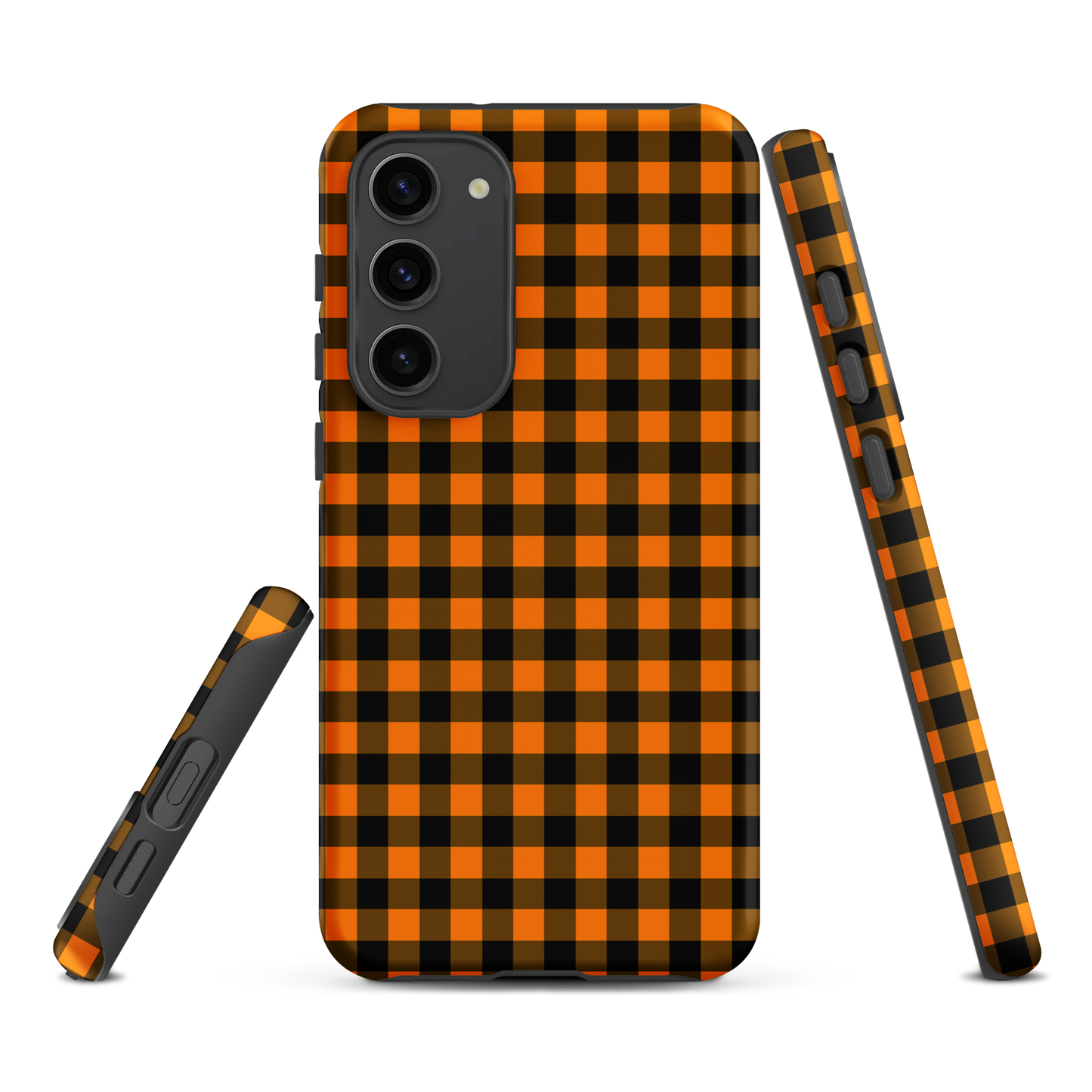 Phone case with black-and-orange gingham pattern for Samsung Galaxy; chic autumn accessory with durable, upscale design.