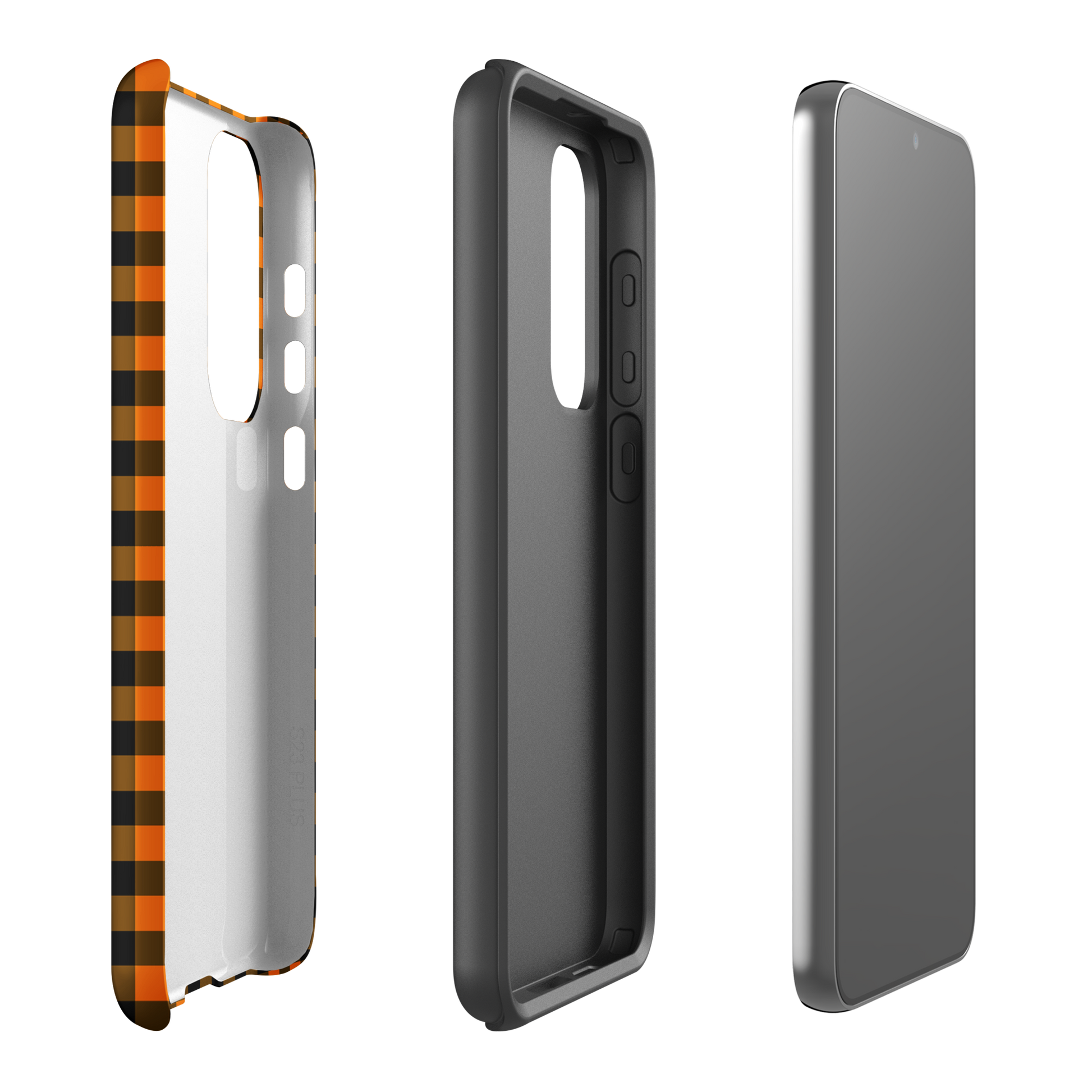 Black-and-orange gingham phone case for Samsung Galaxy with autumn theme.