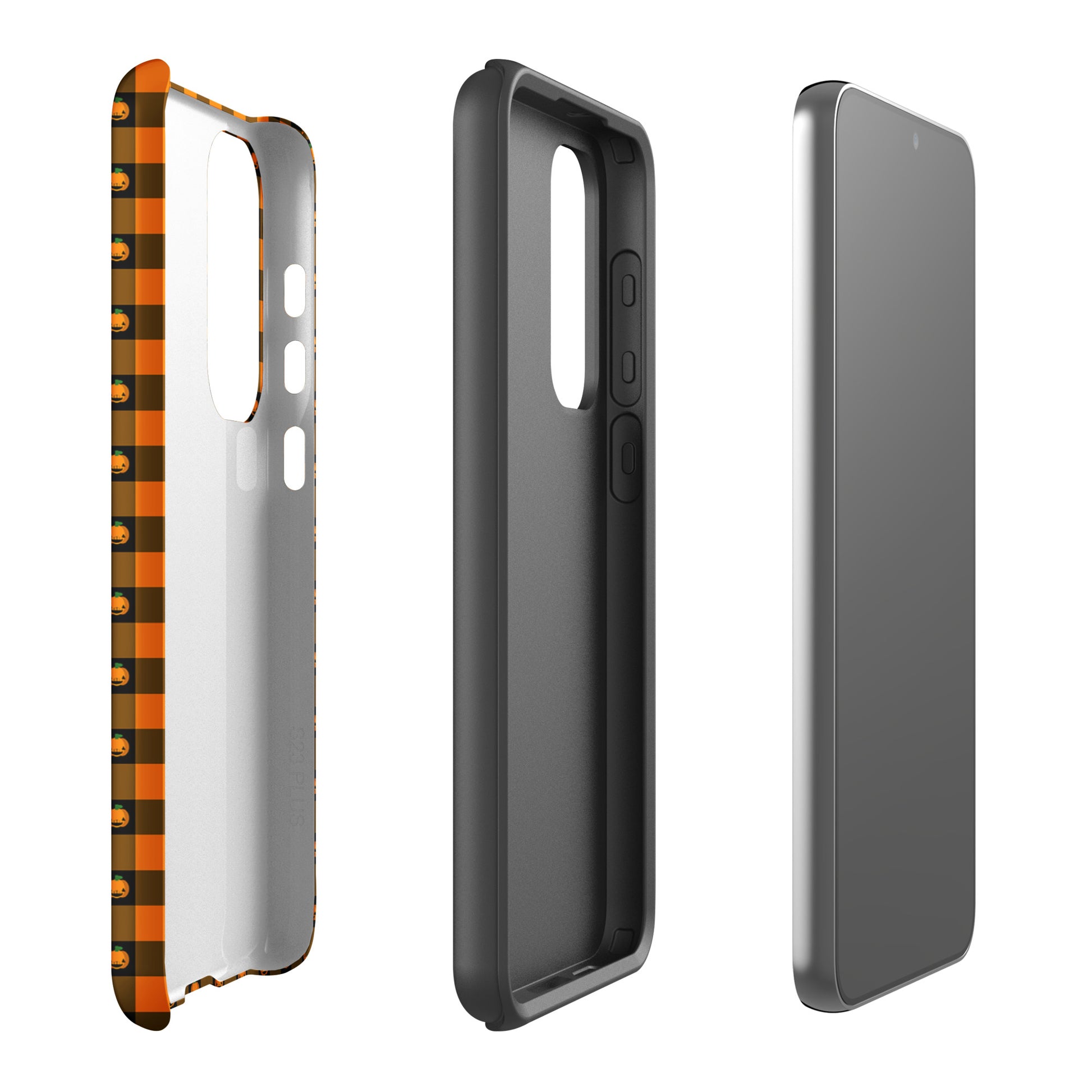 Phone Case for Samsung Galaxy with playful pumpkin gingham Halloween design, showcasing three views of the protective and festive case.