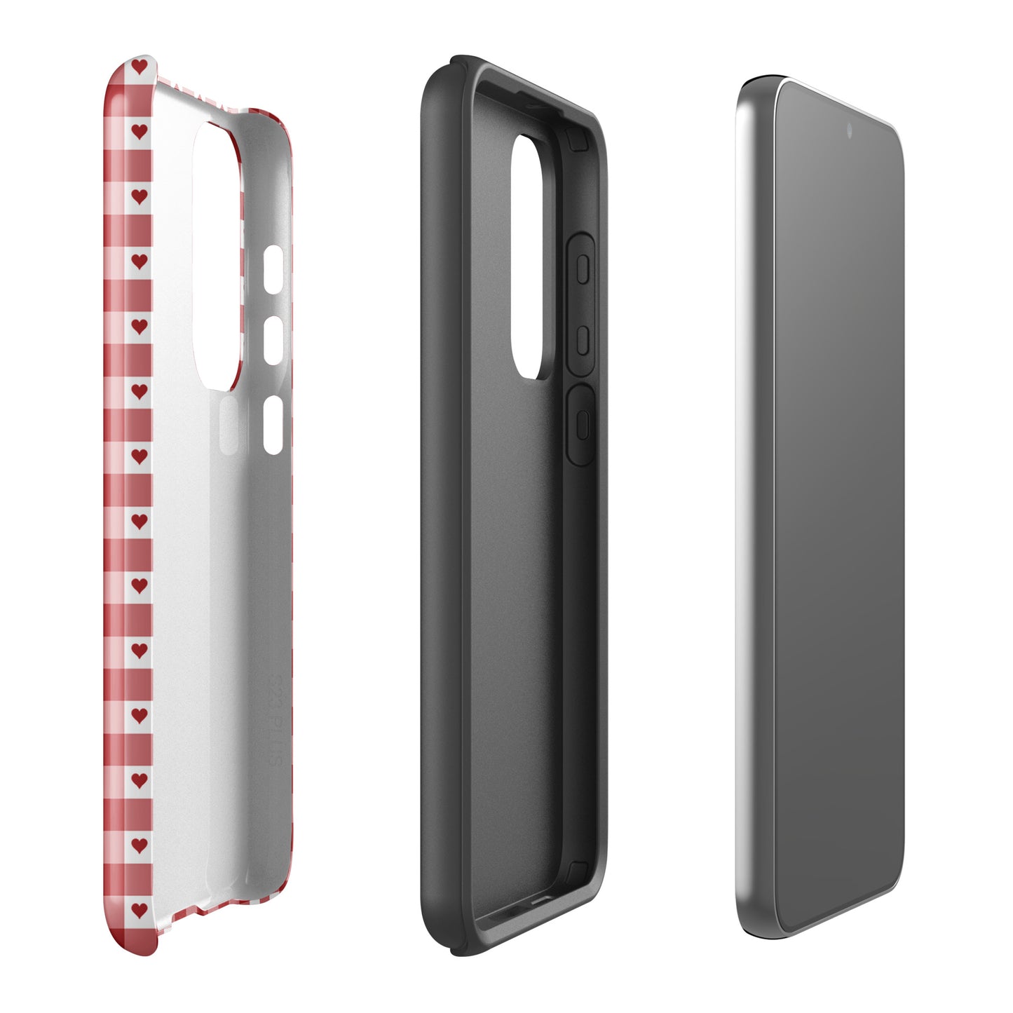 Phone Case for Samsung Galaxy in red gingham heart pattern, showcasing exterior and interior views.