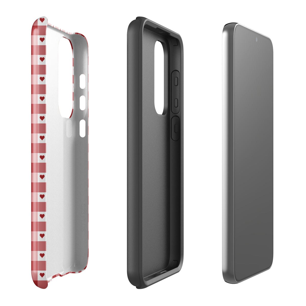 Phone Case for Samsung Galaxy in red gingham heart pattern, showcasing exterior and interior views.