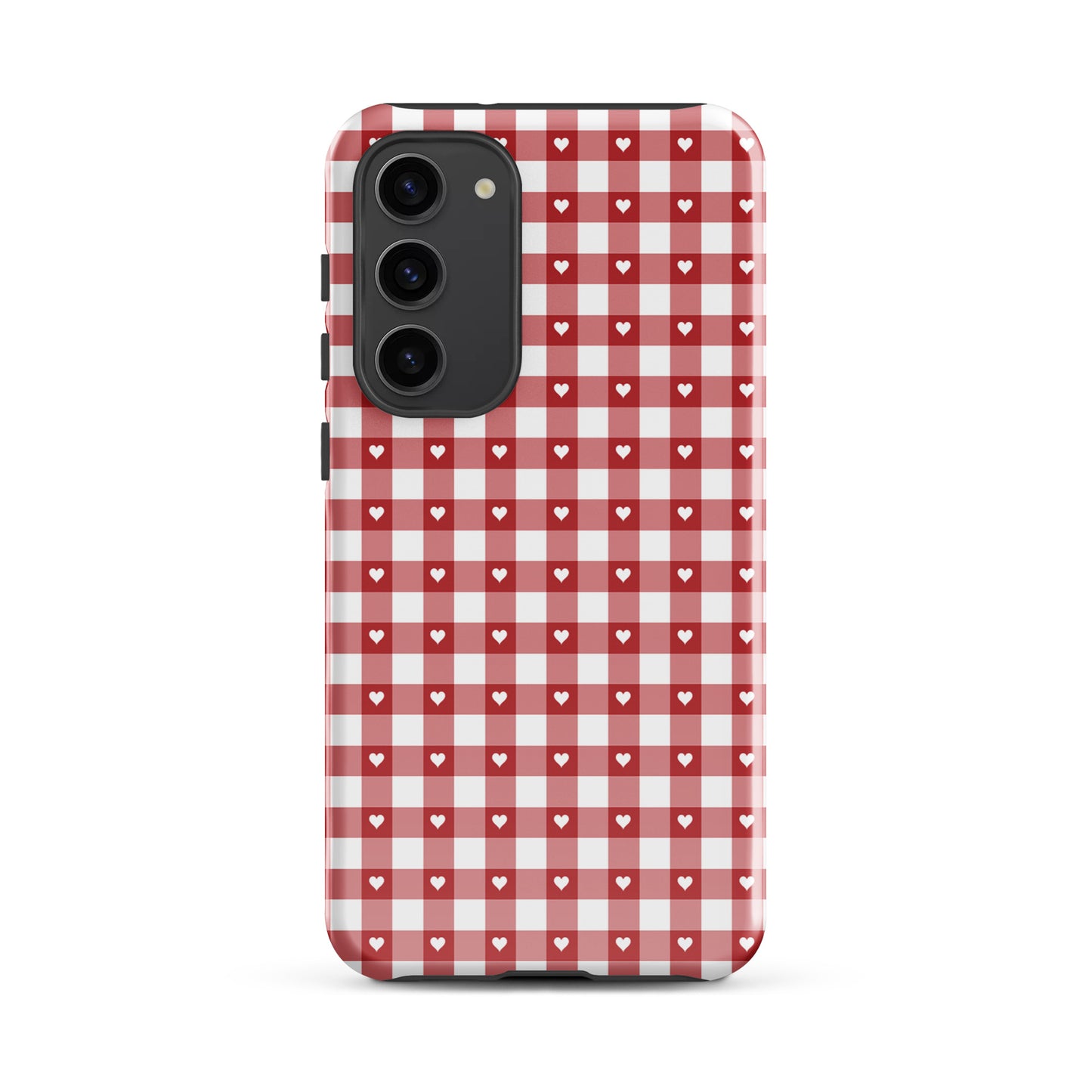 Phone Case for Samsung Galaxy with red and white gingham pattern and white hearts, combining style and protection.