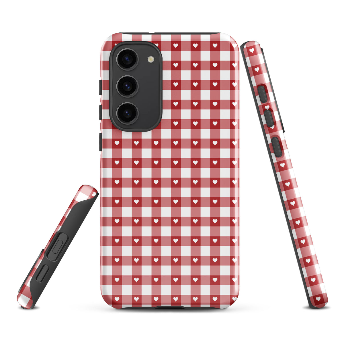 Phone Case with red and white gingham pattern and white hearts, designed for Samsung Galaxy. Stylish protection and modern charm.