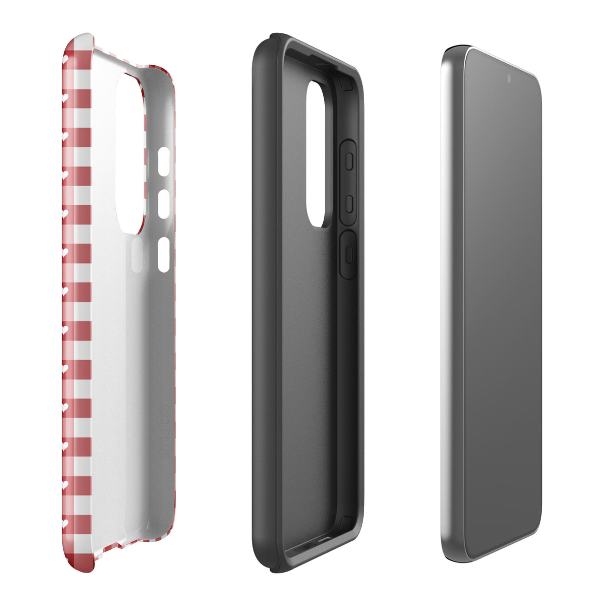 Phone Case for Samsung Galaxy with red and white gingham pattern and hearts, shown in three-part view for style and protection.