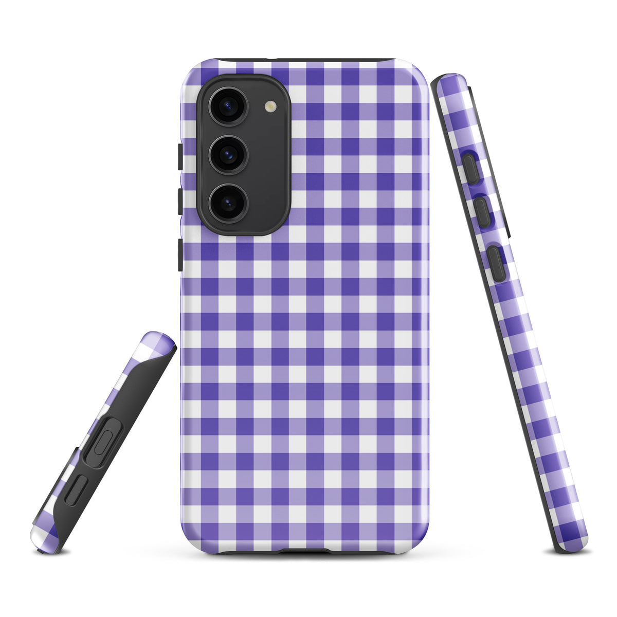 Phone case for Samsung Galaxy in purple and white gingham pattern, stylish and durable design.
