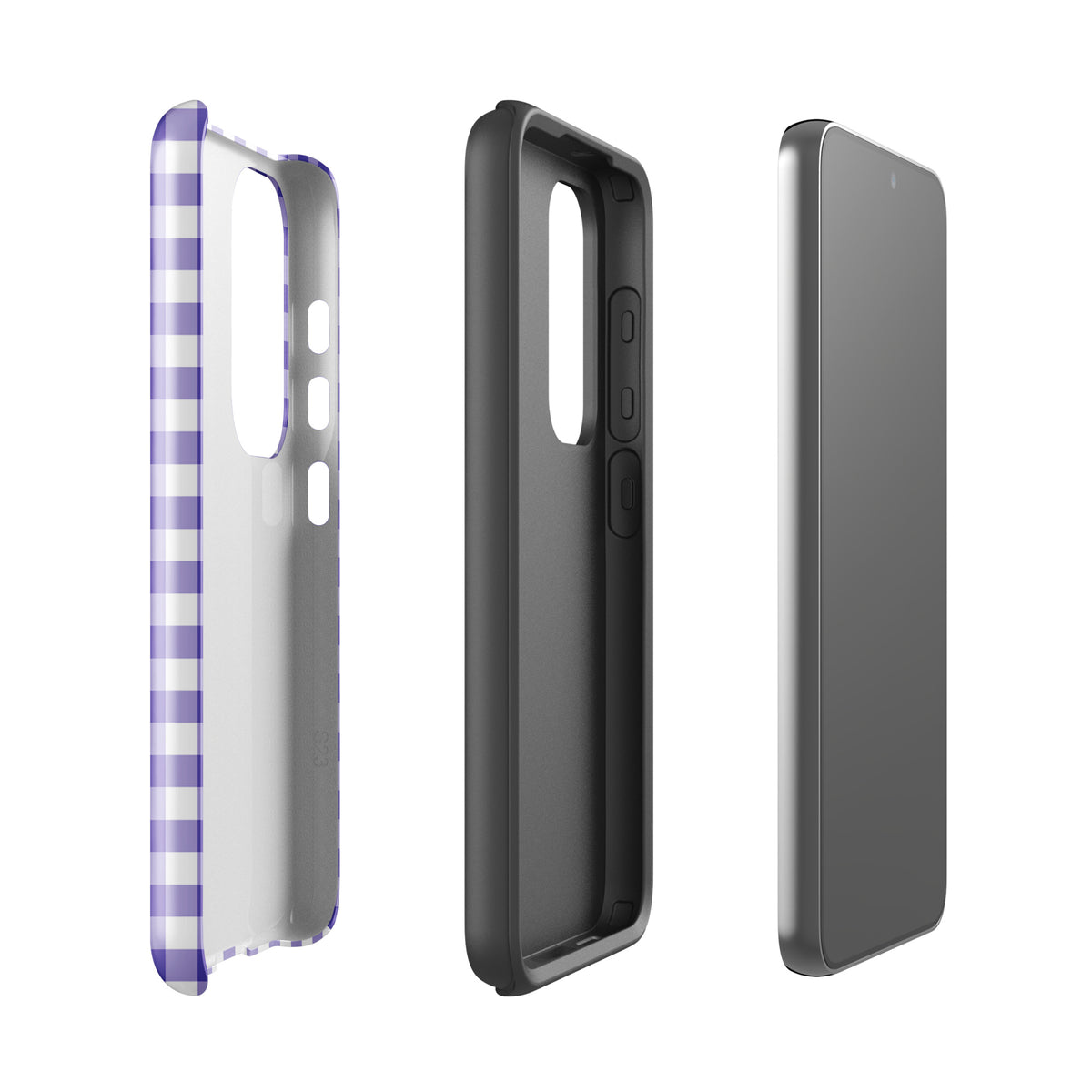 Phone case for Samsung Galaxy with purple and white gingham pattern, showcasing style and protection in three separate views.