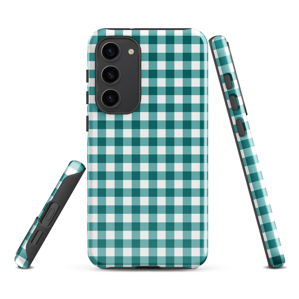 Phone Case for Samsung Galaxy with teal and white gingham pattern offering stylish protection and luxury craftsmanship.
