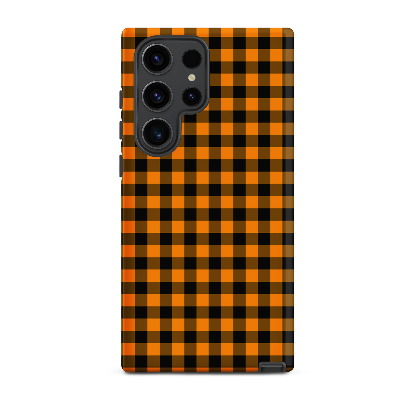 Black-and-orange gingham phone case for Samsung Galaxy with autumn theme