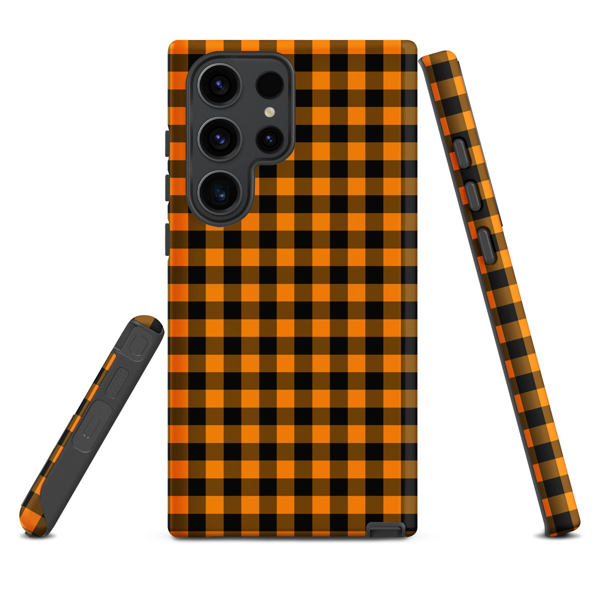 Black-and-orange gingham phone case for Samsung Galaxy with Autum theme, showcasing stylish and durable design.