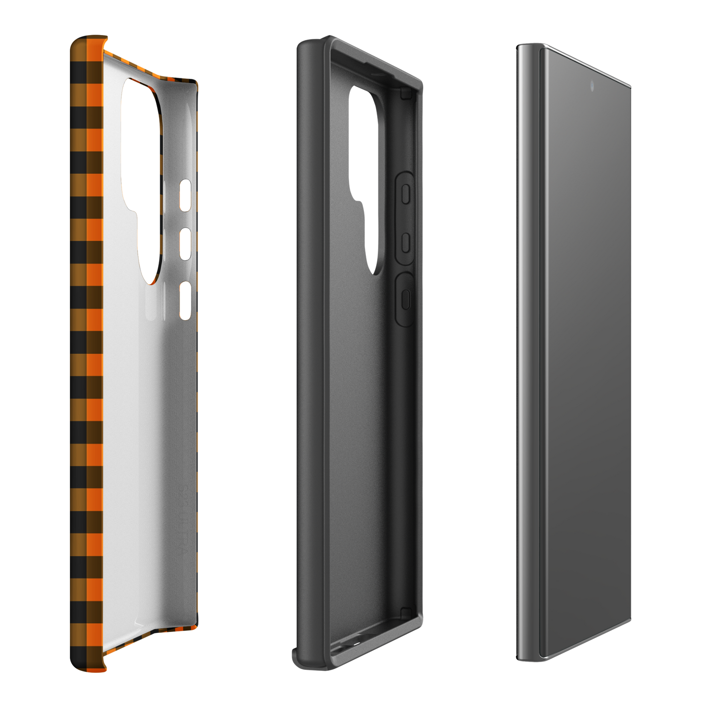 Black-and-orange gingham phone case for Samsung Galaxy, Autumn theme, emphasizing durability and style.