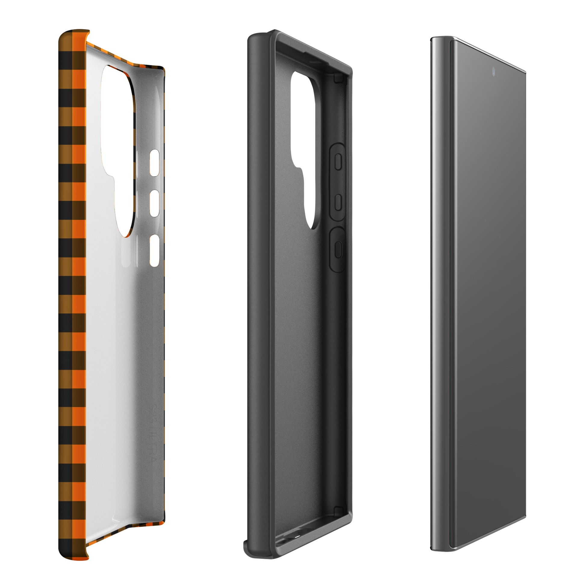 Black-and-orange gingham phone case for Samsung Galaxy, Autumn theme, emphasizing durability and style.