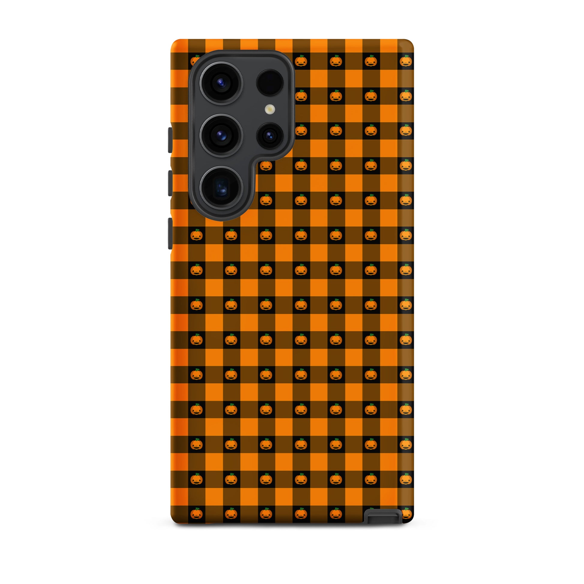 Playful Pumpkin Gingham Halloween Phone Case for Samsung Galaxy with jack-o’-lantern design and bold gingham pattern.