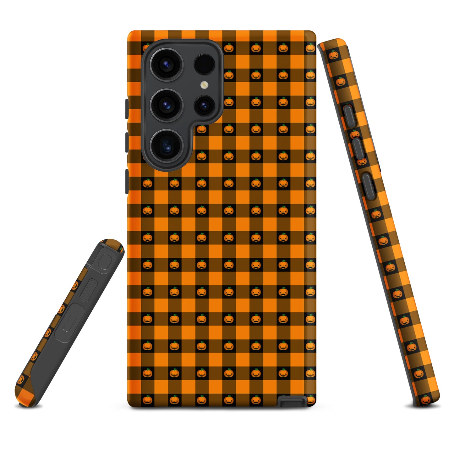 Phone Case for Samsung Galaxy with playful pumpkin gingham Halloween design, featuring cute jack-o'-lanterns on a festive pattern.
