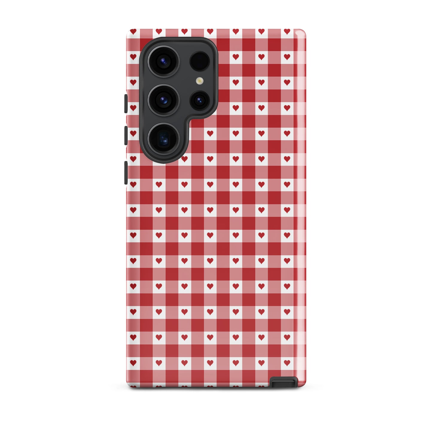 Phone Case for Samsung Galaxy with red gingham heart pattern, adding chic charm and durability to your device.