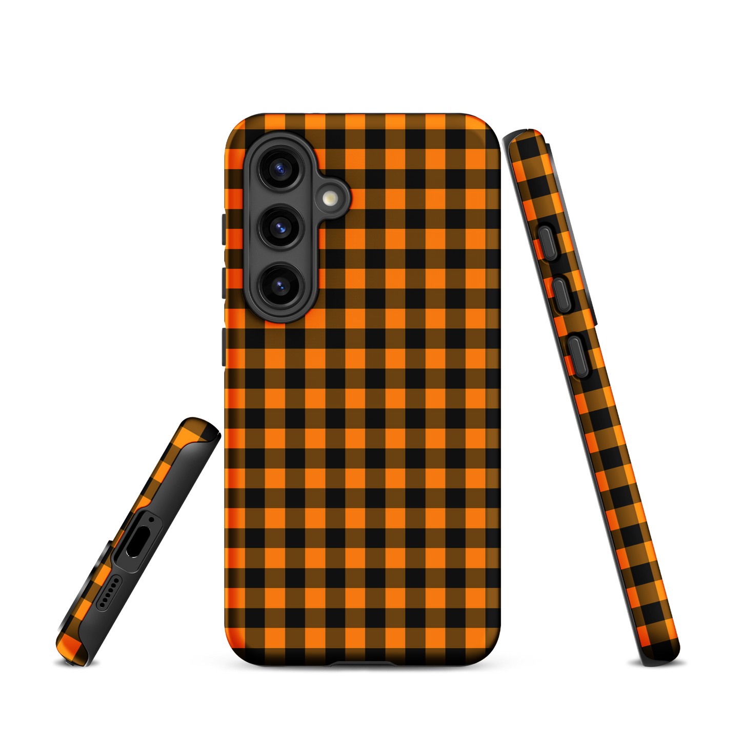 Black-and-orange gingham phone case for Samsung Galaxy featuring durable autumn theme design